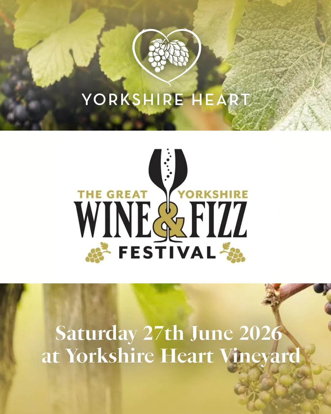 Great Yorkshire Wine and Fizz Festival Poster, event in June, photo of grapes with details of the event on it