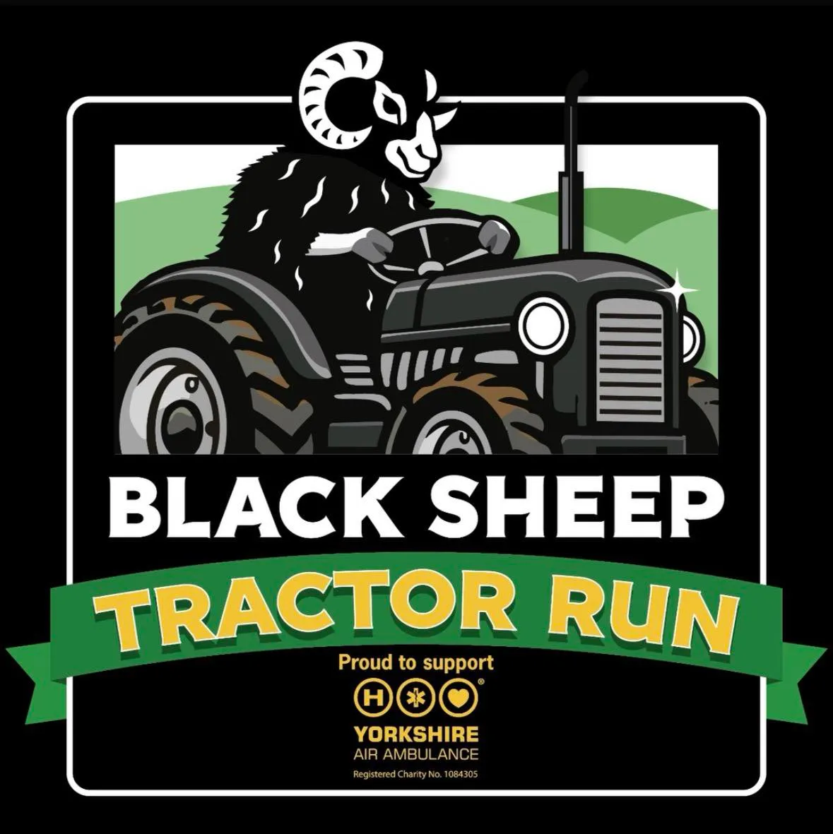 Logo for the Black Sheep Tractor Run with a sheep driving a tractor.
