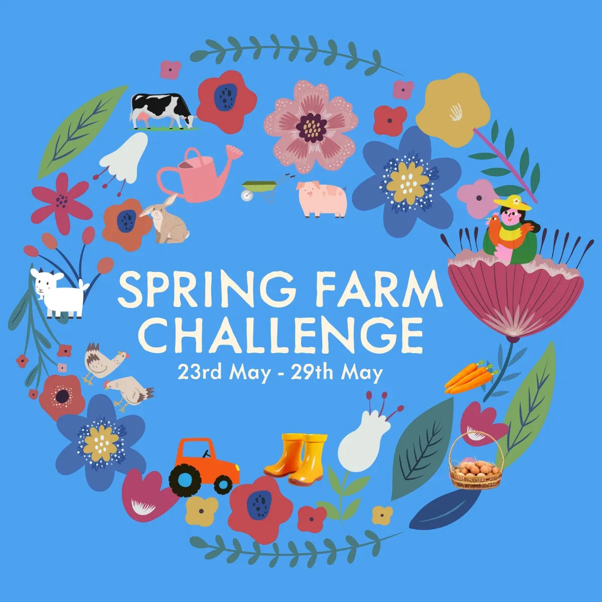 Boston Park Farm may half term spring famr challenge event, blue background with a reef of flowers.