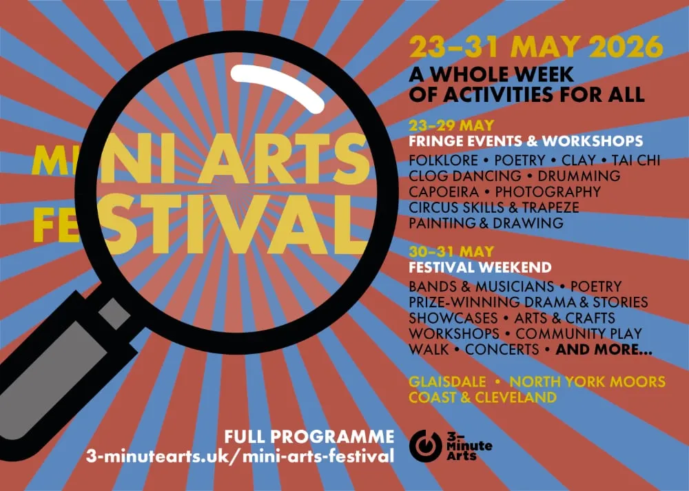 Poster with a red and blue striped background for the North York Moors Mini Arts festival in May half term 2026