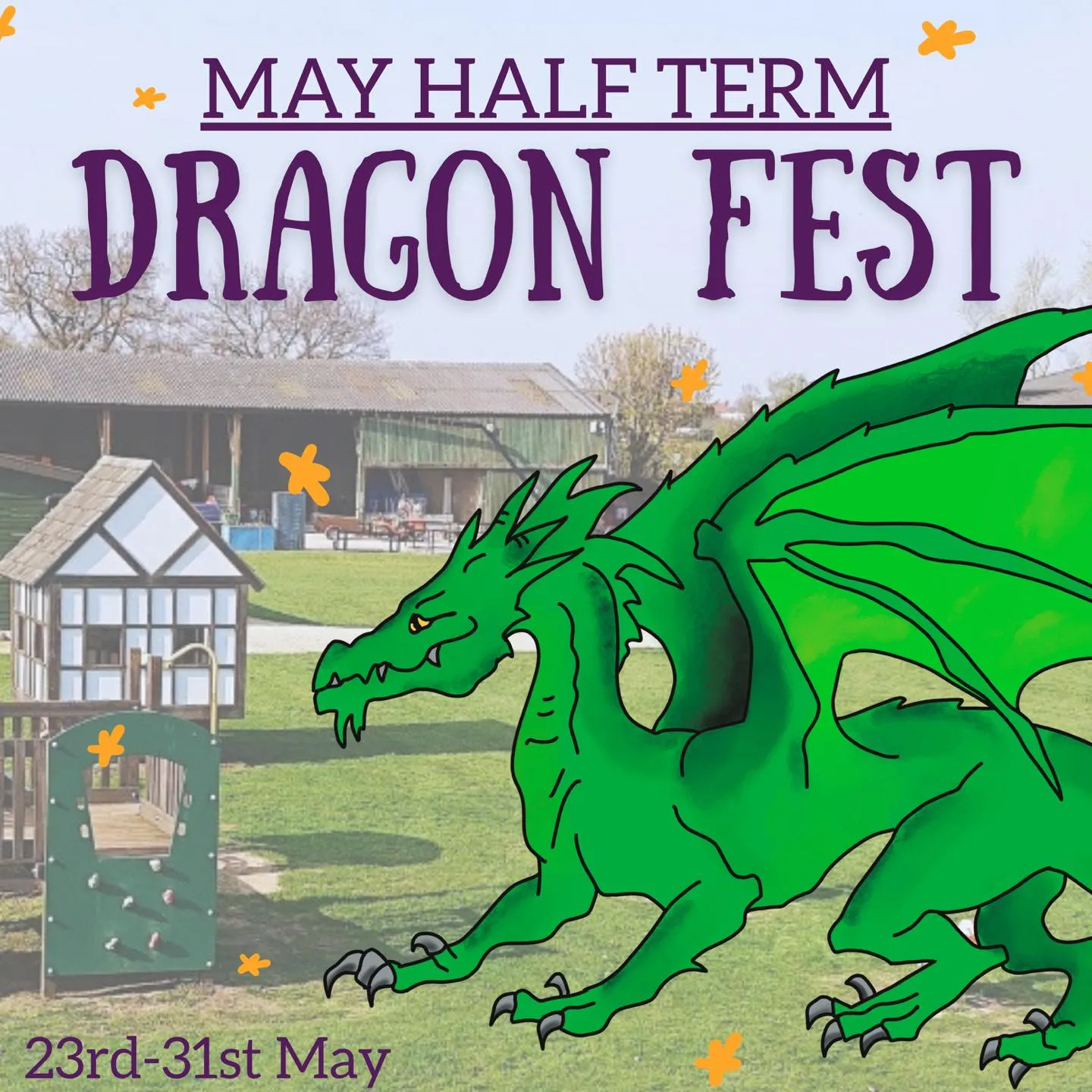 Murton Park with a graphic of a dragon in the foreground for Dragon Fest May Half Term event.