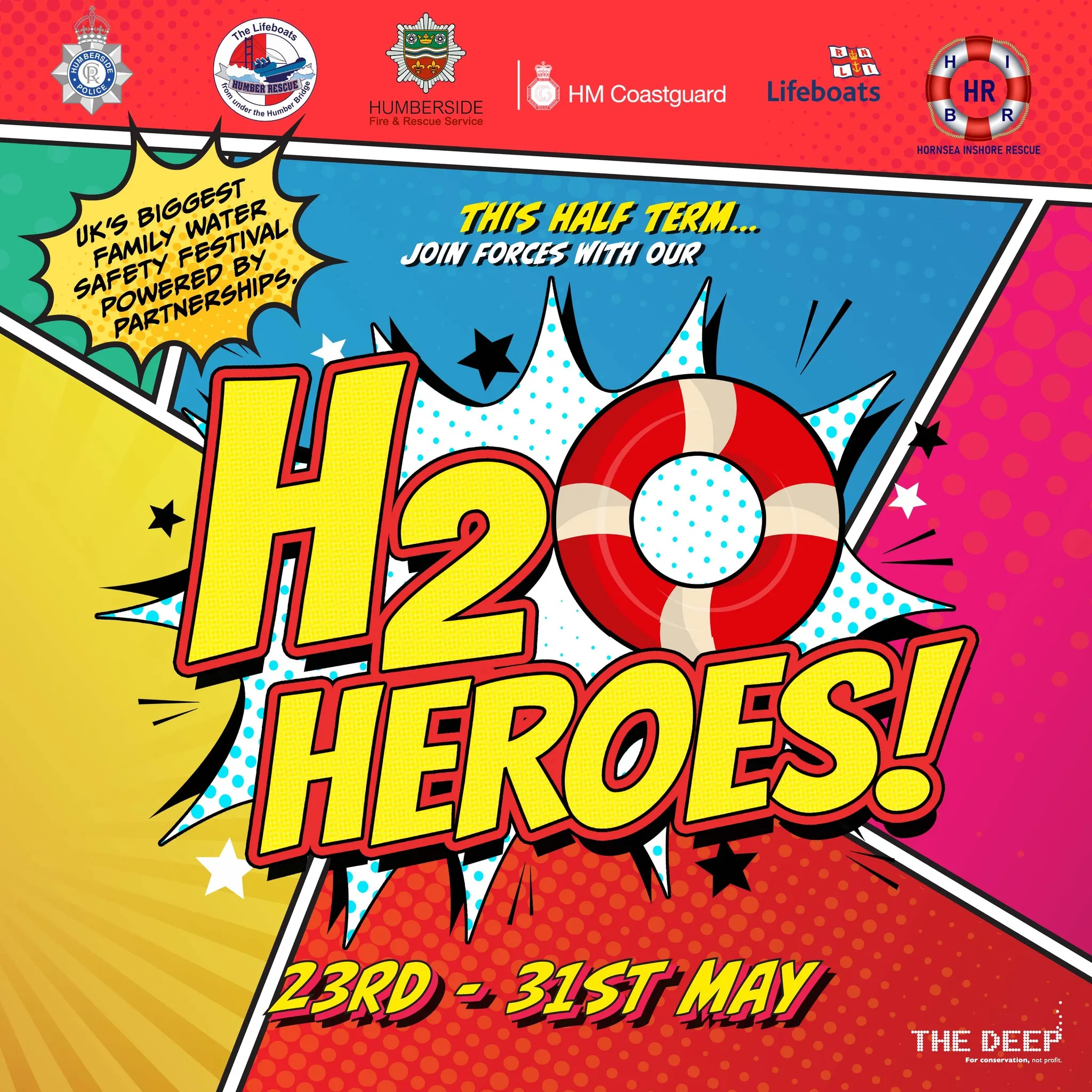 Promotional poster in bold colours for the H2O Heroes May Half Term event at The Deep in East Yorkshire