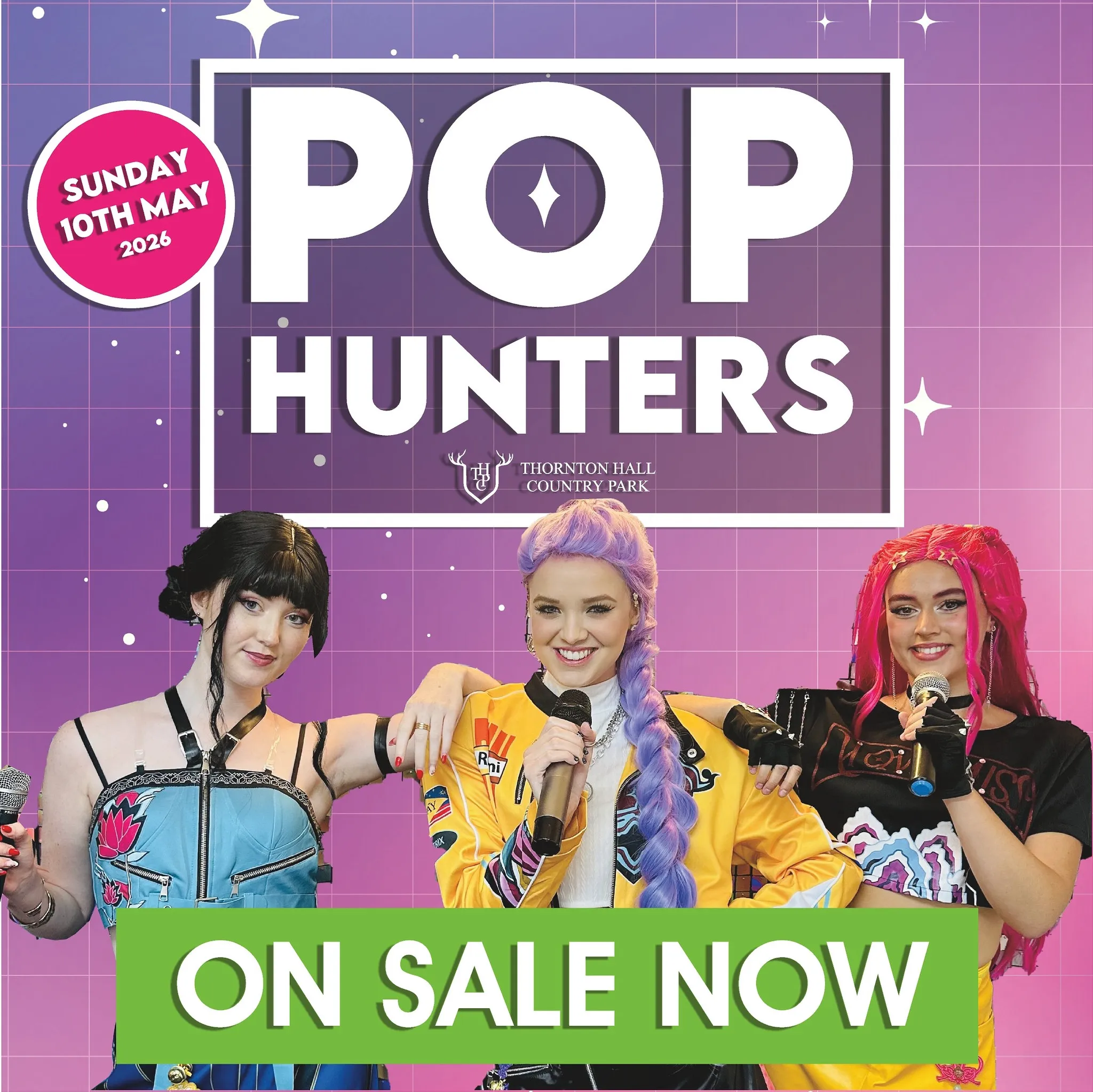 three singers of the pop hunters live event at Thornton Hall Country Park in May 2026