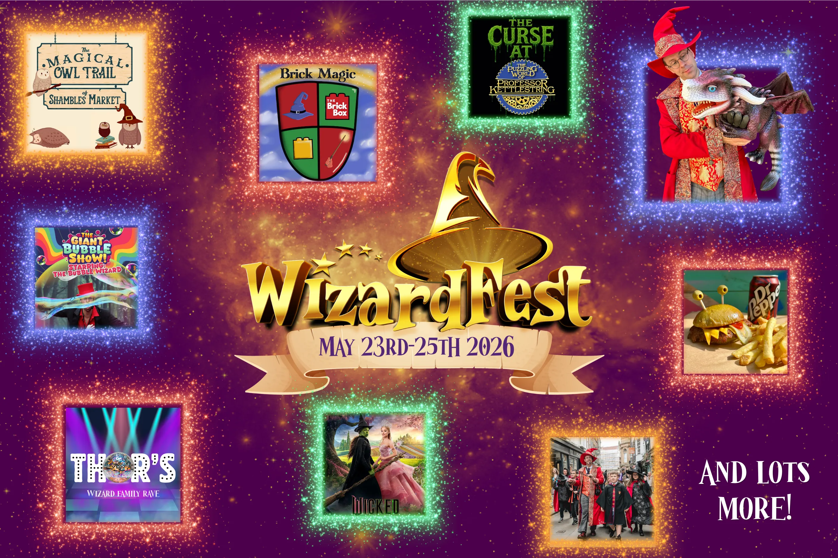 WizardFest 2026 in York, logo in the centre surrounded by images of events at wizardfest including wizard walks, owl trail, lego workshops, wizardfest parade and more.