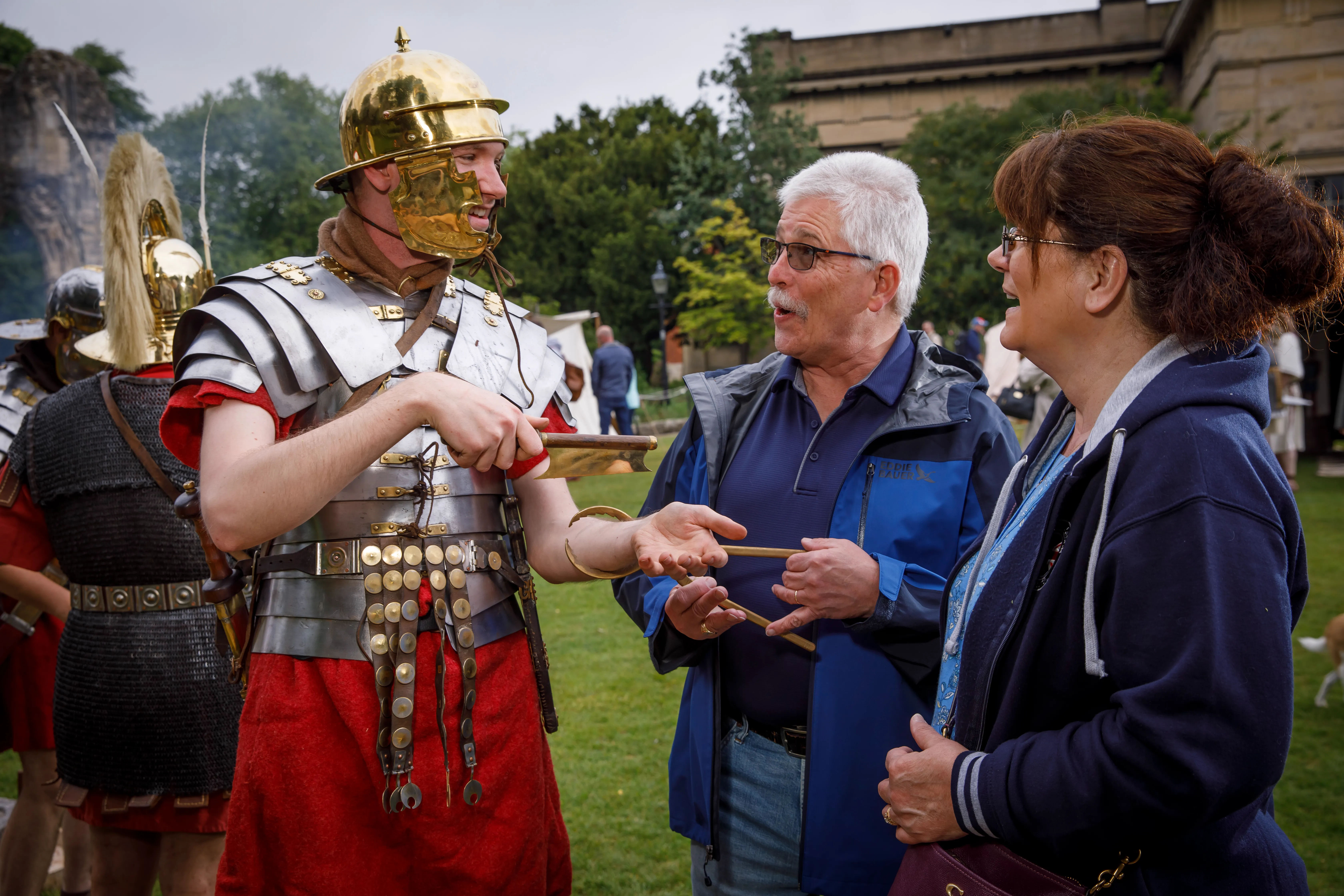 Roman Soldier at York Roman Festivalin Museum Gardens, chatting to visitors.