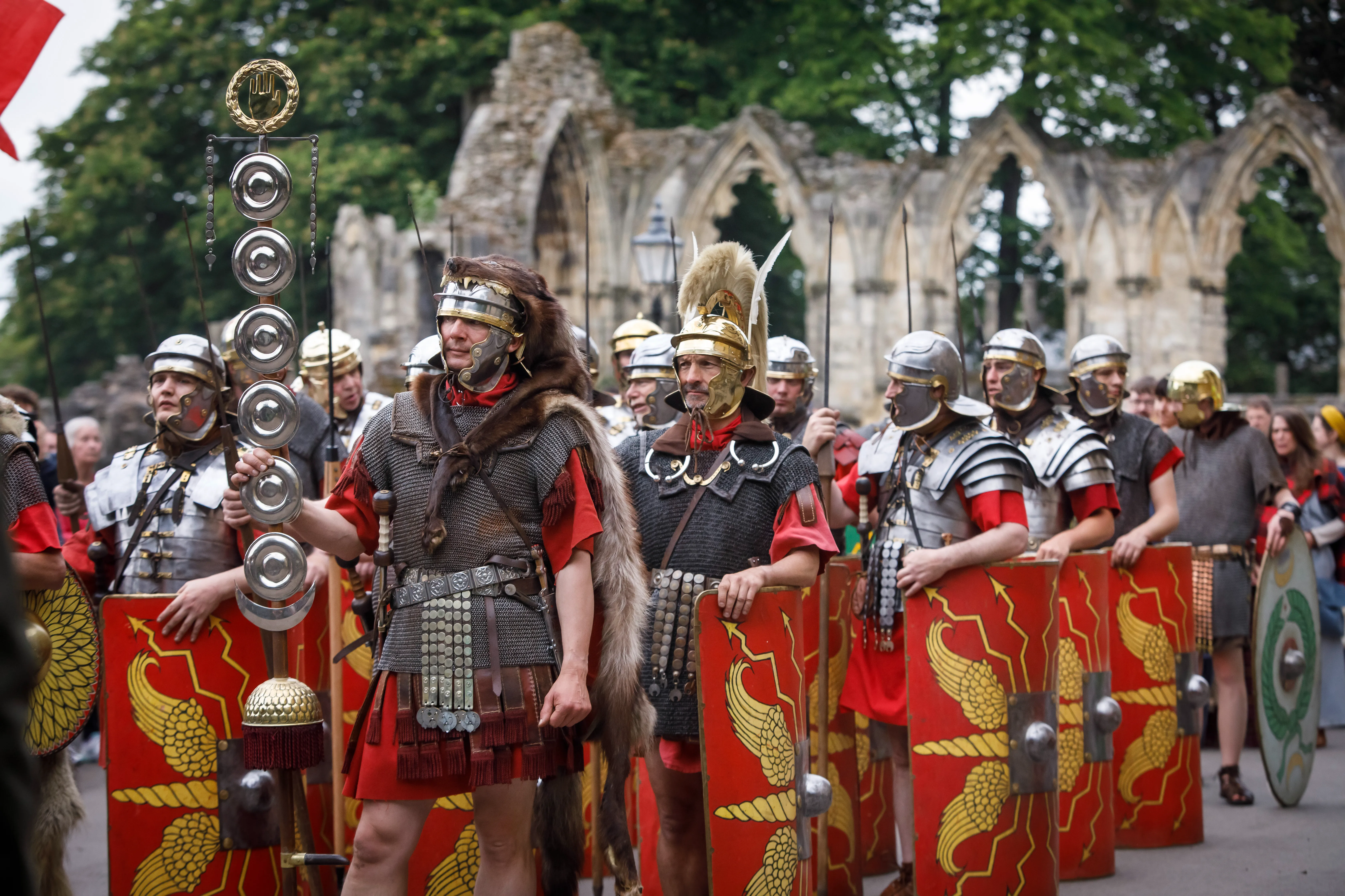 Legion of roman soldiers preparing to march ont he city of York during the Eboracum Roman Festival in May Half Term 2026
