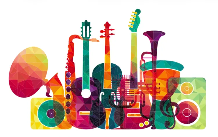 Illustraion of brightly coloured music instruments for the Yorkshire WOlds Music Fesival in May 2026