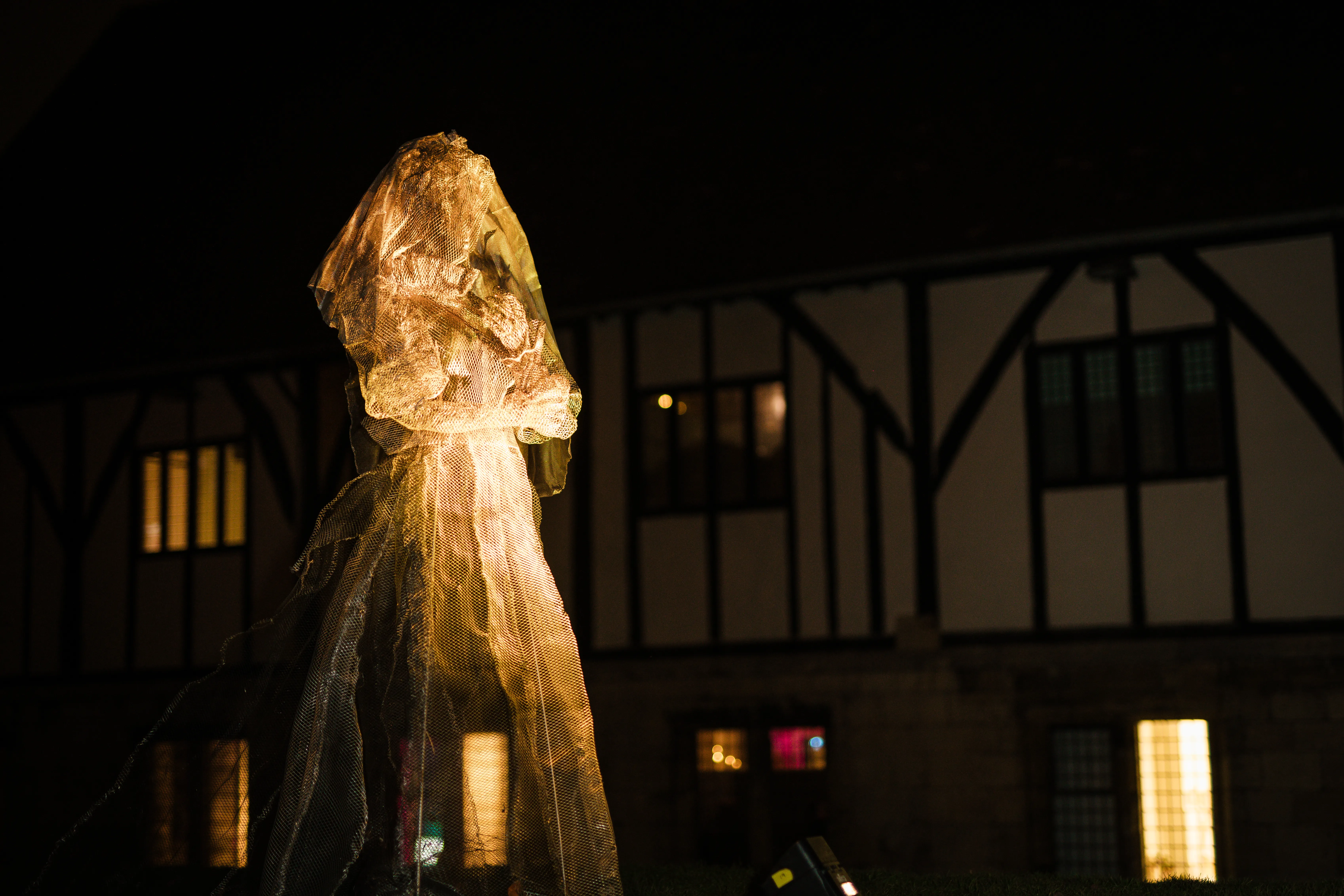 Atmospheric ethereal mesh ghost sculptrue in Museum Gardens, part of the Ghosst after dark event.
