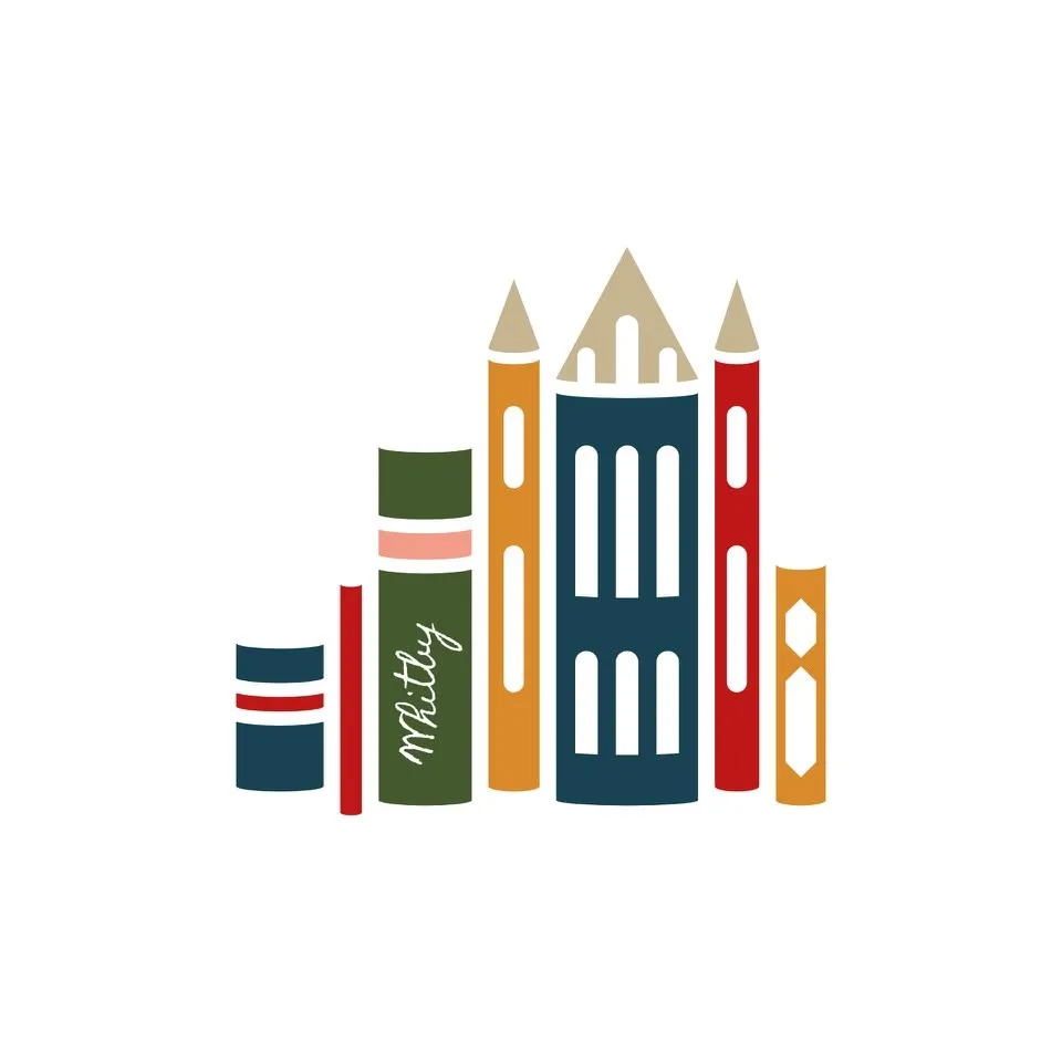 Whitby Literature Festival logo, an image of Whitby Abbey made form book ends