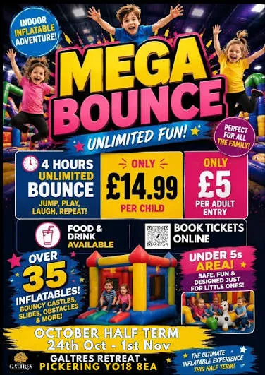Collage poster for the MEga Bounce event at Pickering showground, with images of children enjoying different kinds of inflatables