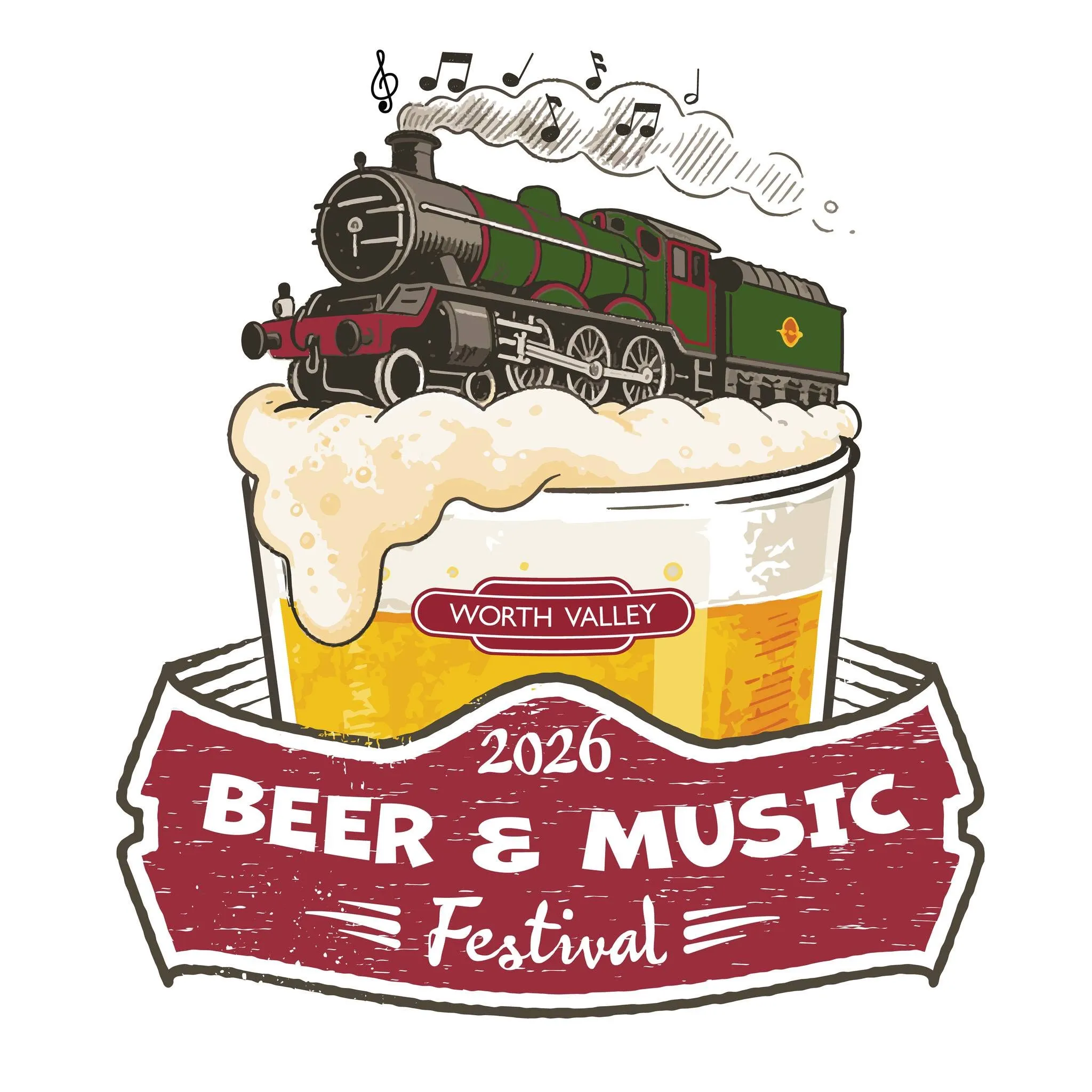 Illustraion pint of been with a train travelling through the head, notes are coming from the steam trains chimney, Beer and Music Festival at the Keighley and Worth Valley Railway in October 2026