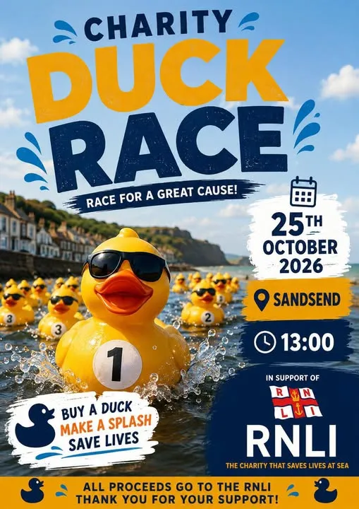Yellow rubber ducks racing along Whitby harbor for the RNLI fundraiser