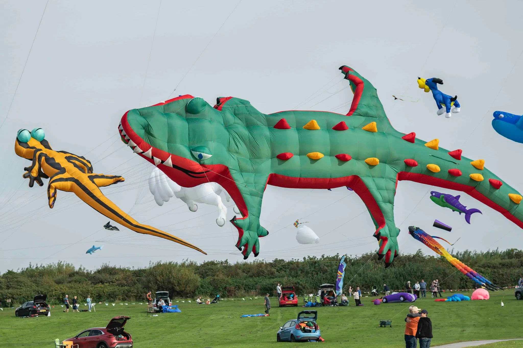 Giant crocodile kite flying high over Filey Brigg Country Park at the Filey Kite Festival