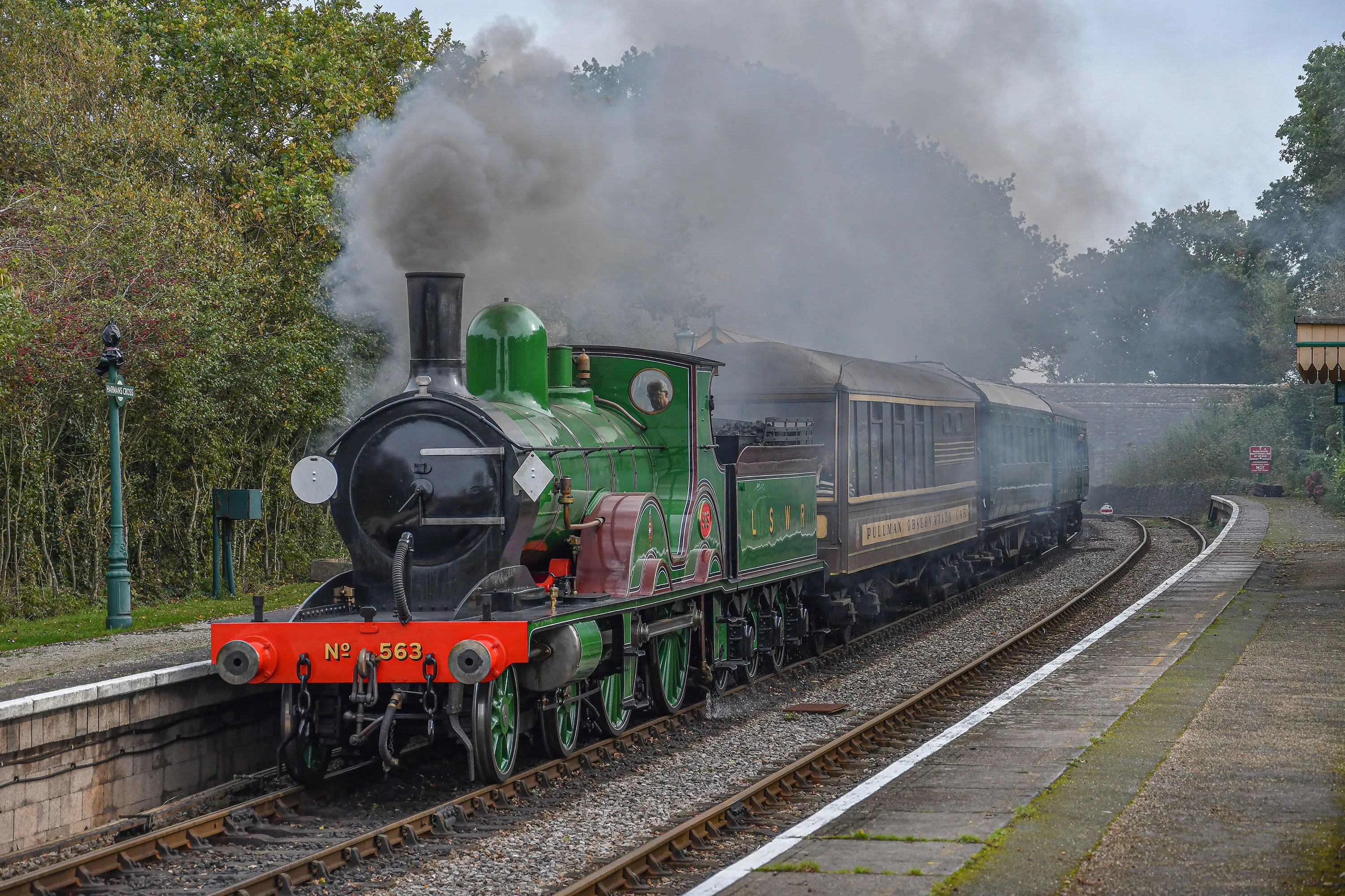 A heritage steam locomotive hauling passenger carriages through the scenic North York Moors National Park during the NYMR Annual Steam Gala
