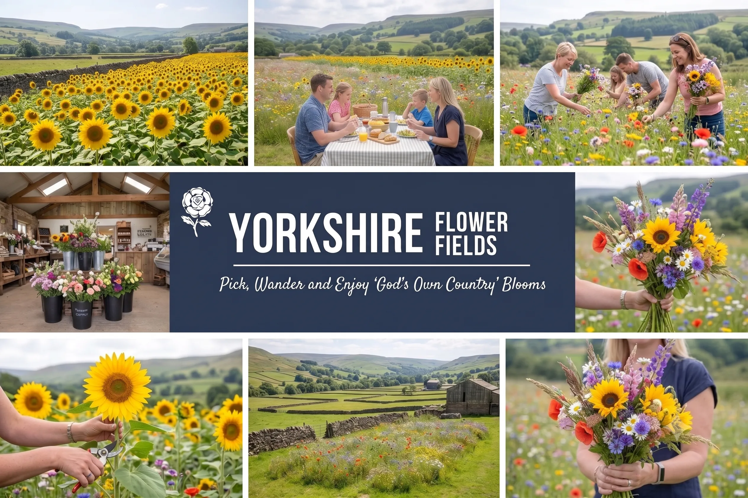 collage of images of Yorshire's sunflower and wildflower fields.