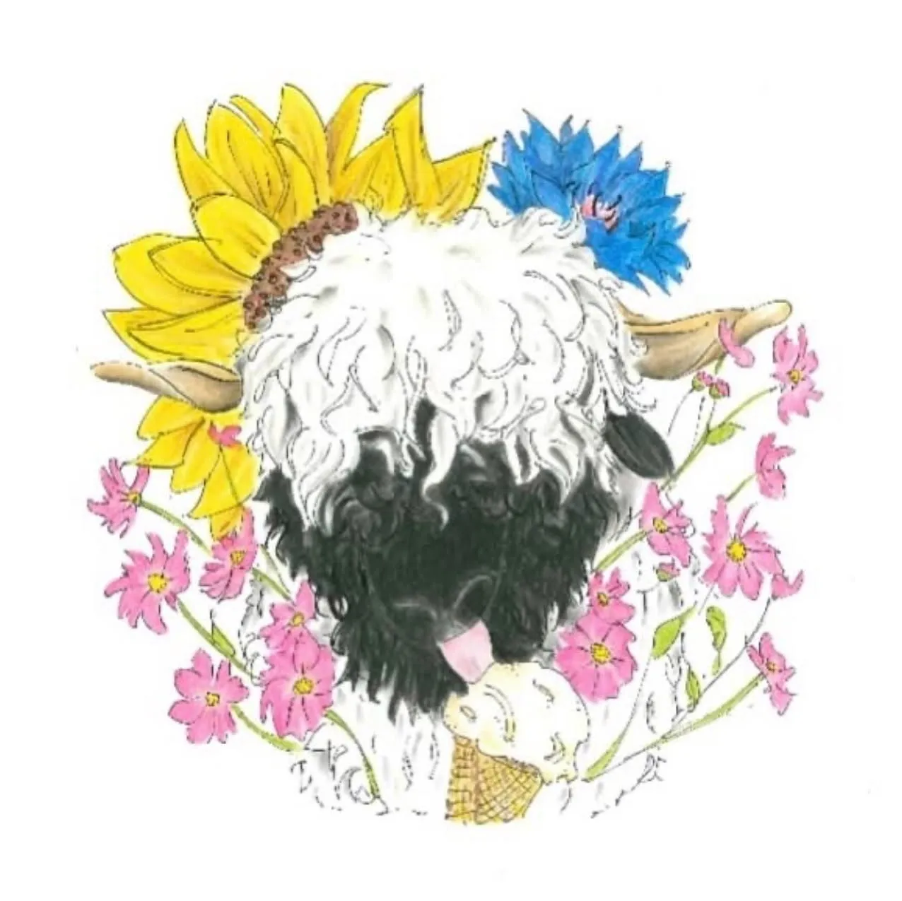 drawing of a sheeps face surrounded by wildflowers, the Blooming sheep wild flower meadow logo.