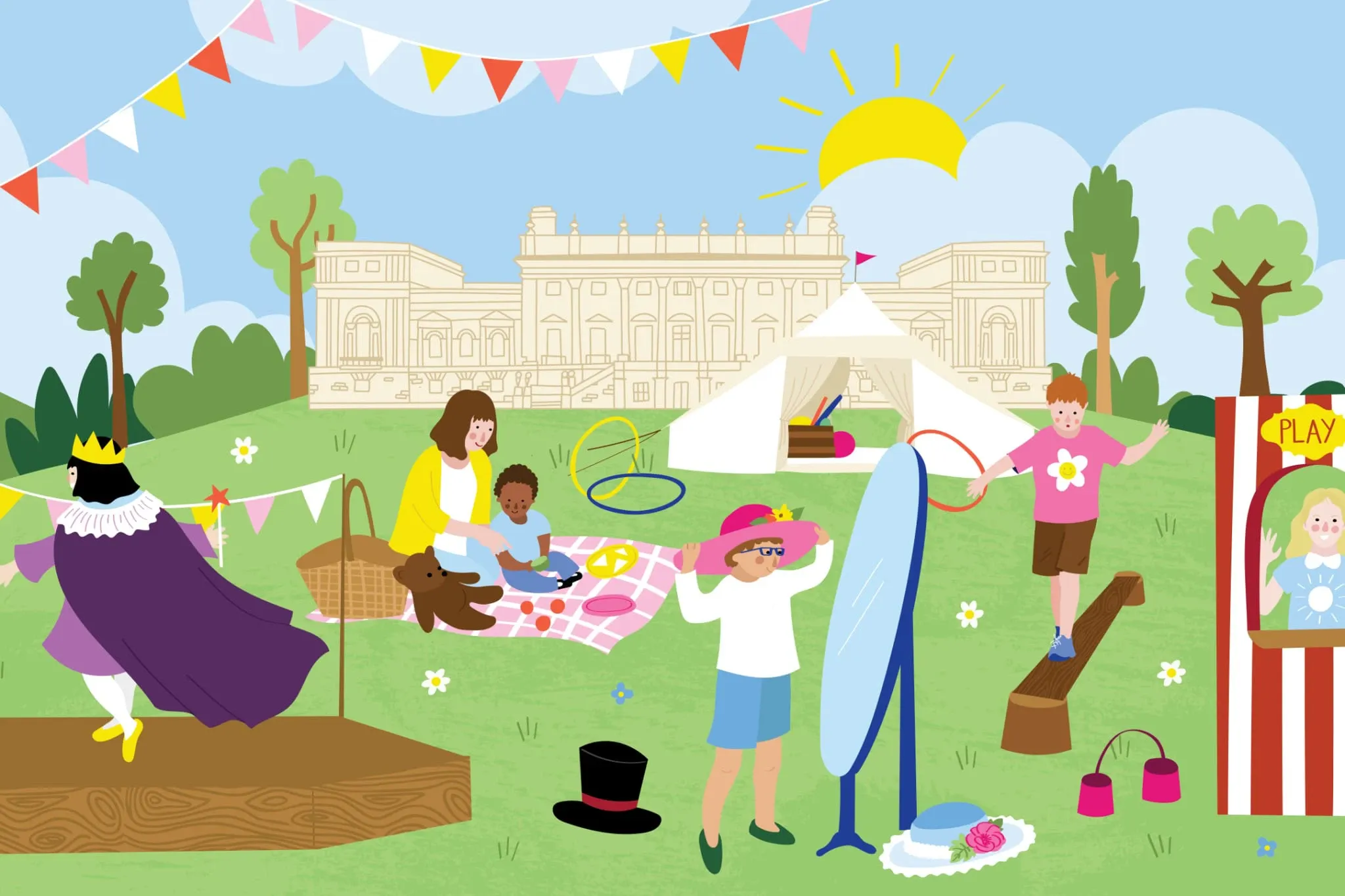 graphic of harewood house with families and children playing inthe forground, part of harewood house's summer holiday activities. 