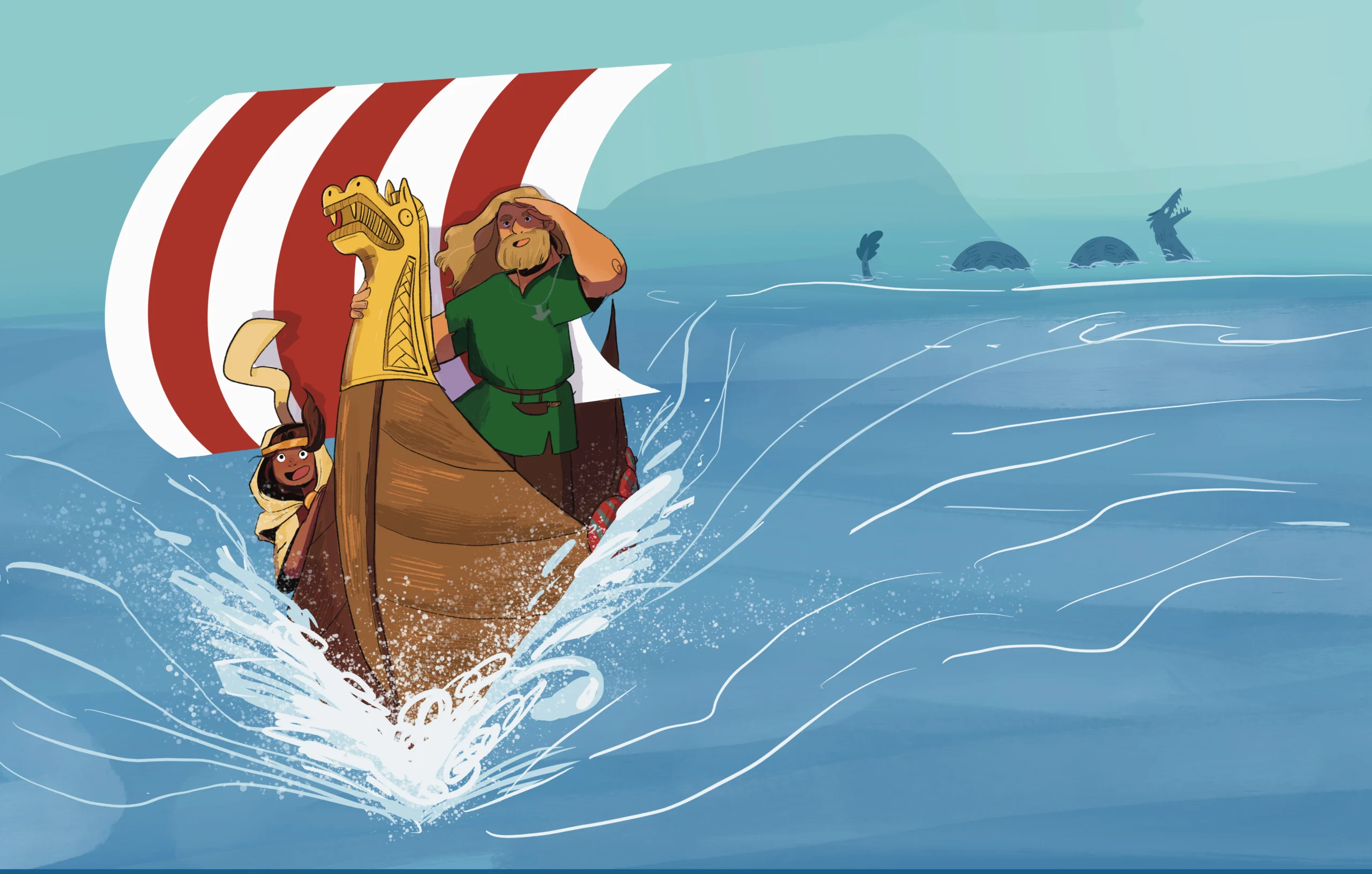 Illustraion of a viking longboat sailing for the Jorvik Viking Centre summer voyage event for families