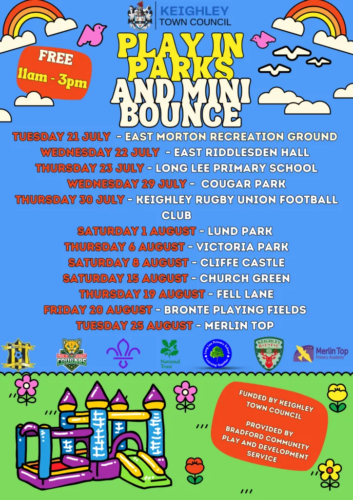 poster with dates and details of Keighley and district play in the park events for family summer fun.