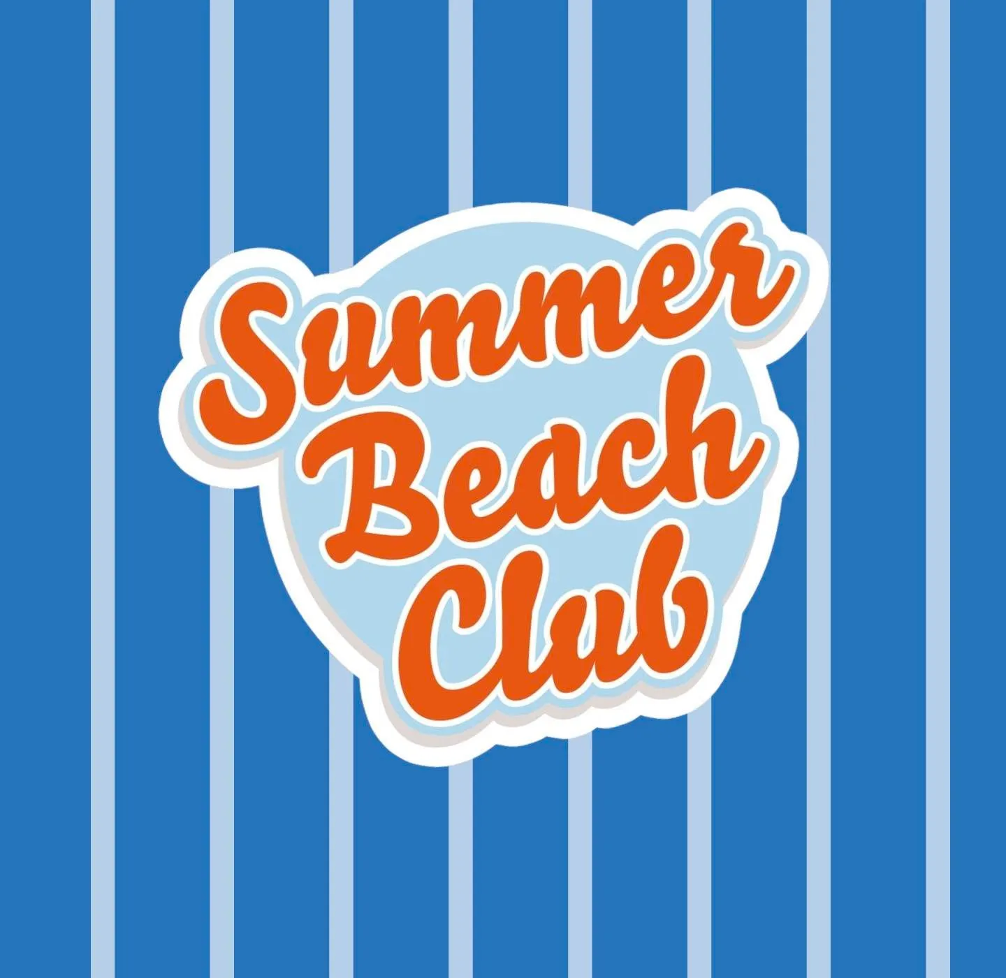 Logo for the MEadowhall Summer Beach Club event in Sheffield, with a blue and white striped background. 