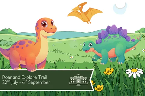illustraion of two dinosaurs, one blue, one red with details of the Scampston Hall Summer Roar and explore trail