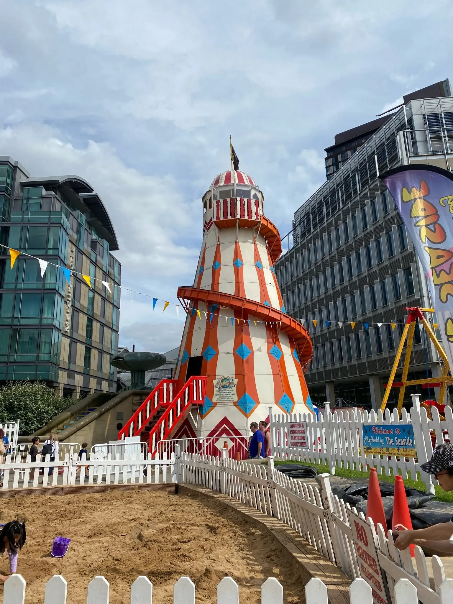 Beach and helter skelter at the Peace Gardens in sheffield for the Sheffield by the Seaside summer event in 2026.