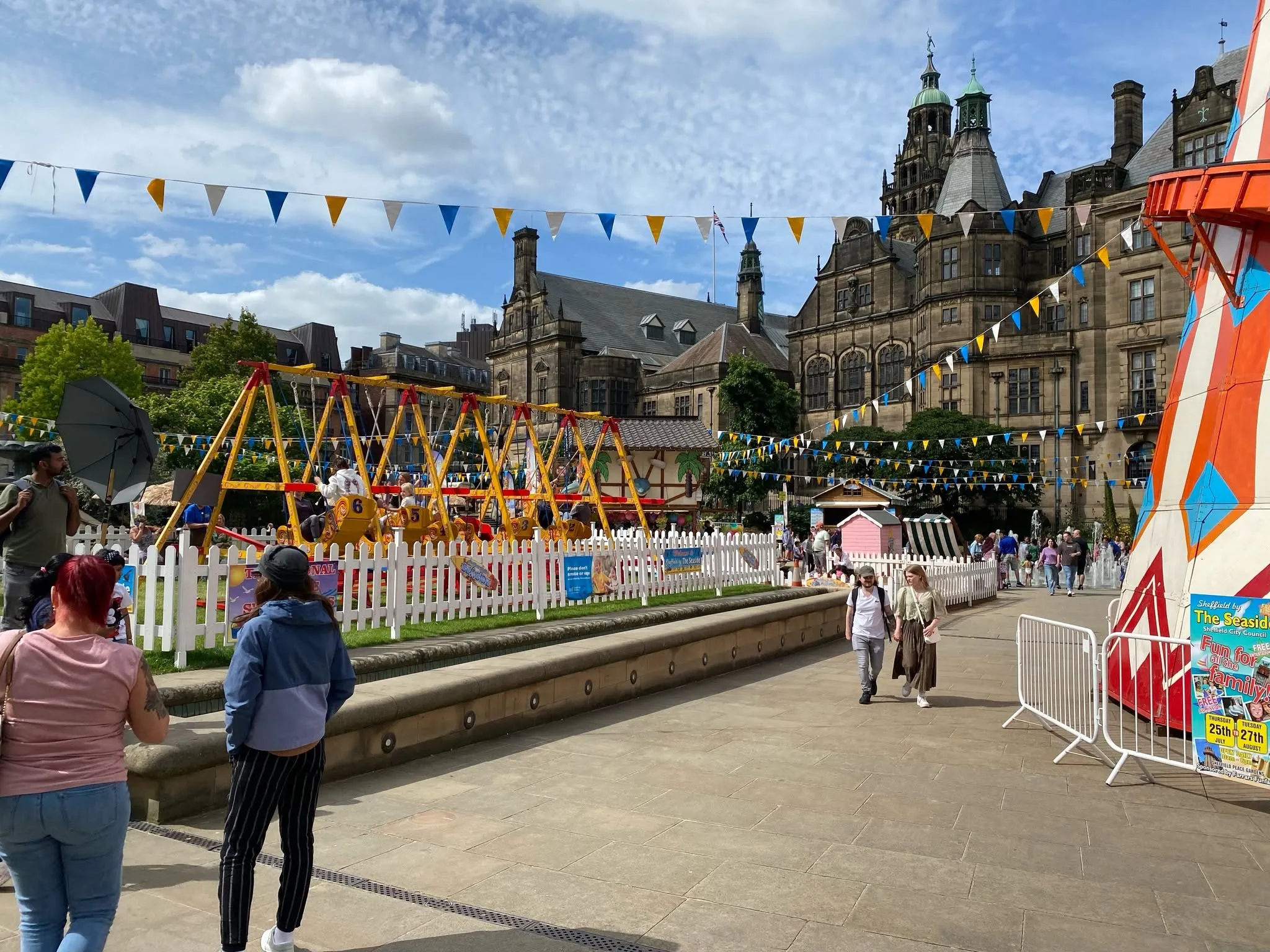 Swings and family fun at the Peace Gardens Sheffield by the seaside summer event.
