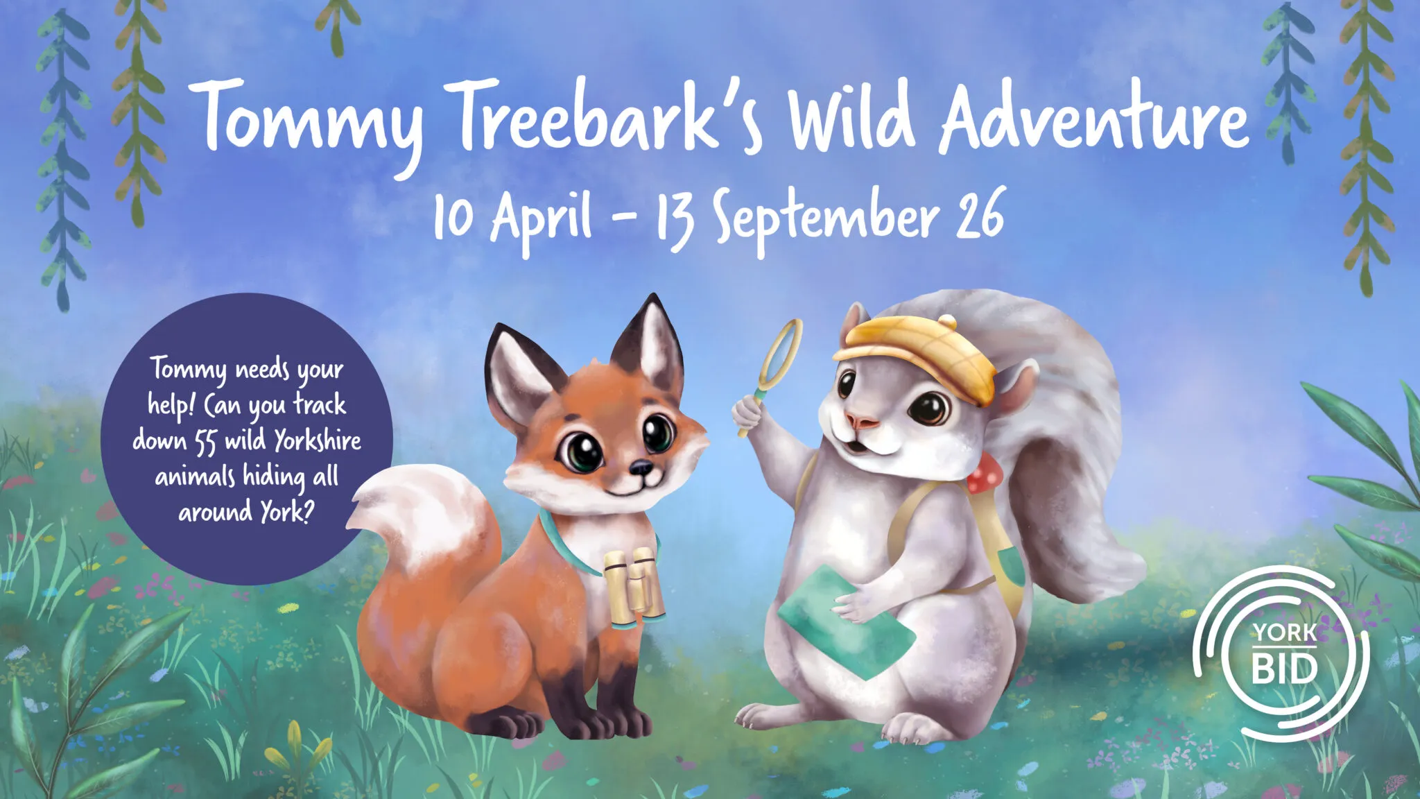 two small boys waving the Tommy Treebank Trail sheet in front of grass lion, free family friendly trail in York City Centre in North Yorkshire running from April to September.