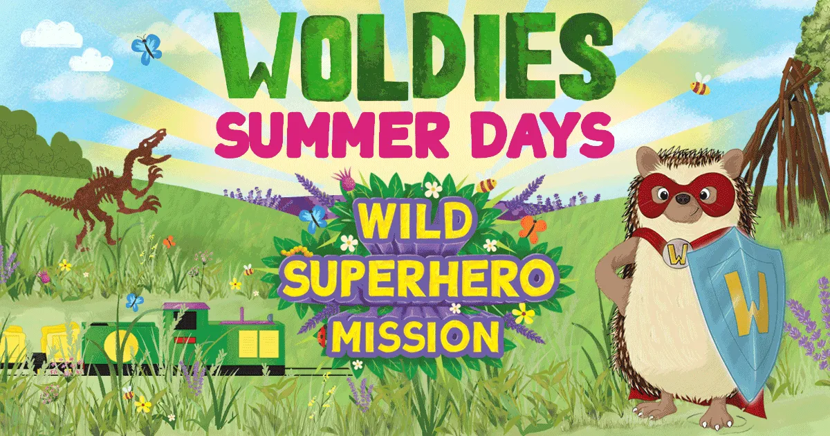 Illustraion of a hedgehog in a superhero cape surrounded by nature with details of the Woldies Summer event