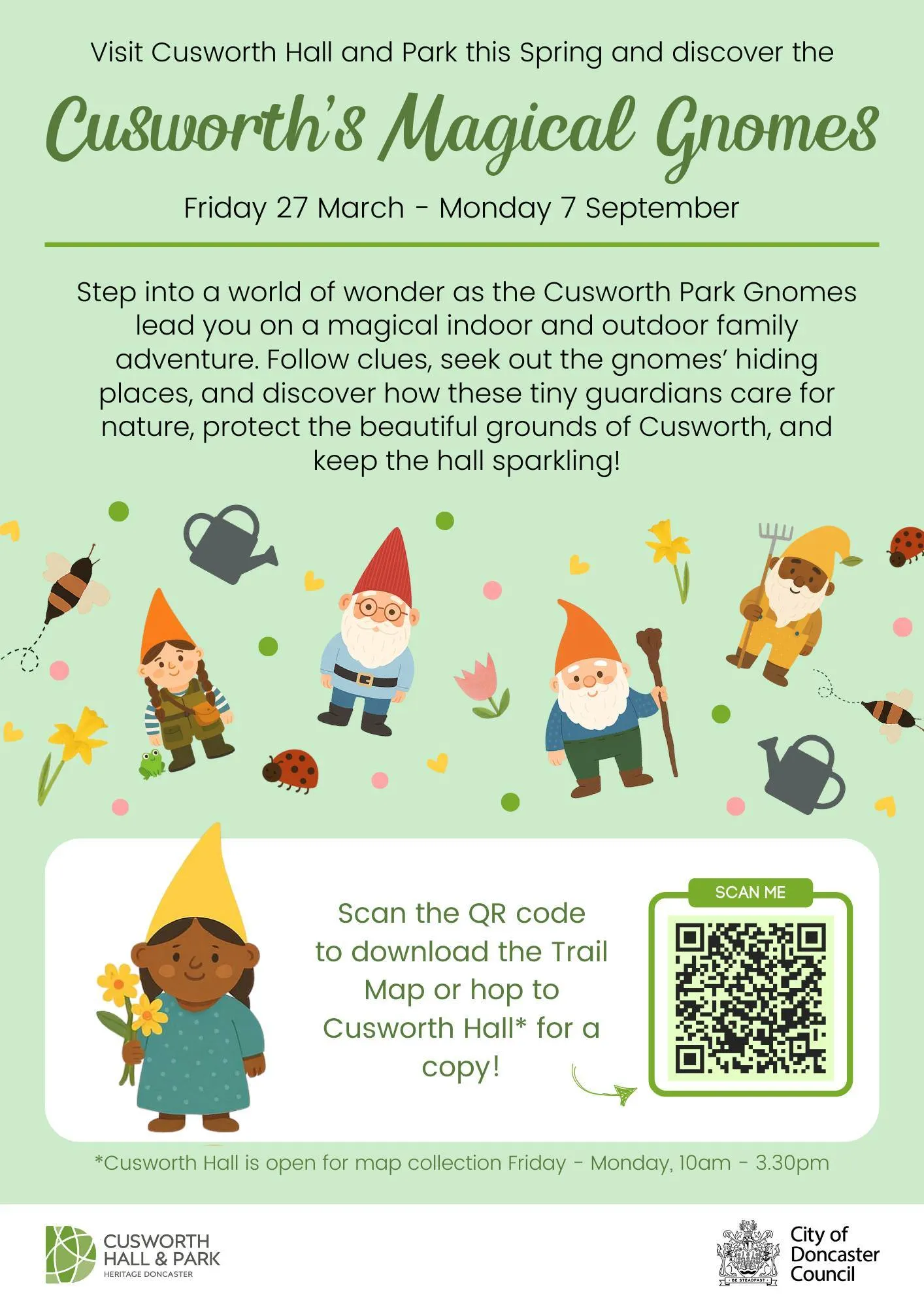 poster with pale blue background with gnomes and details of the Cusworth hall and park magical gnomes trail running from spring to the end of summer in Yorkshire.