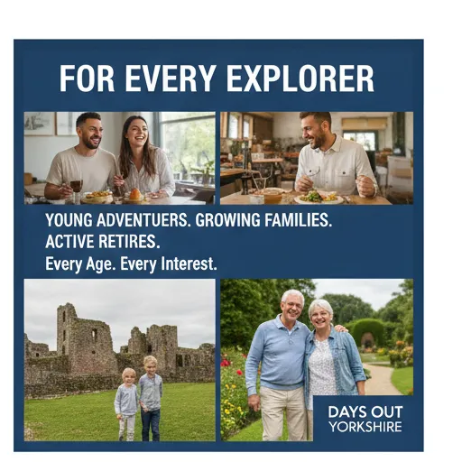 For every explorer, four images in one, a family, a young couple an older couple all in days out Yorkshire settings, unrivalled reach across Yorkshire for attractions.