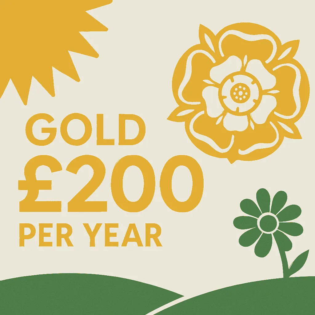Graphic yellow sun, gold rose and tex, green flower