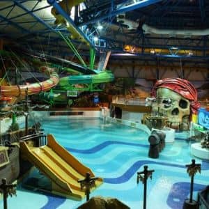 View over Barnsley's indoor swimming water park, with slides and pirate theme