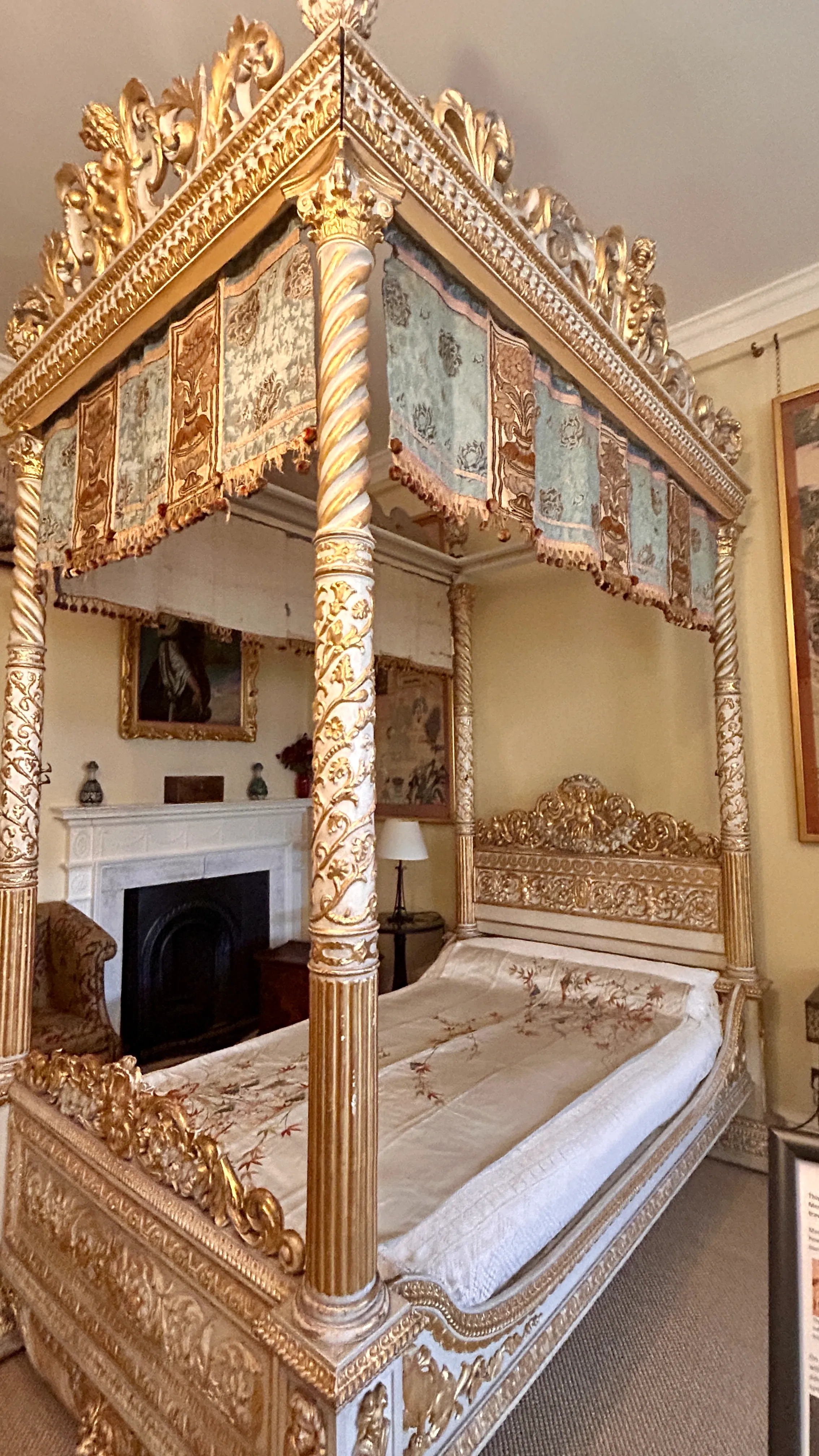 Ornate Four Poster Bed in one of the bedrooms in Kiplin Hall, North Yorkshire
