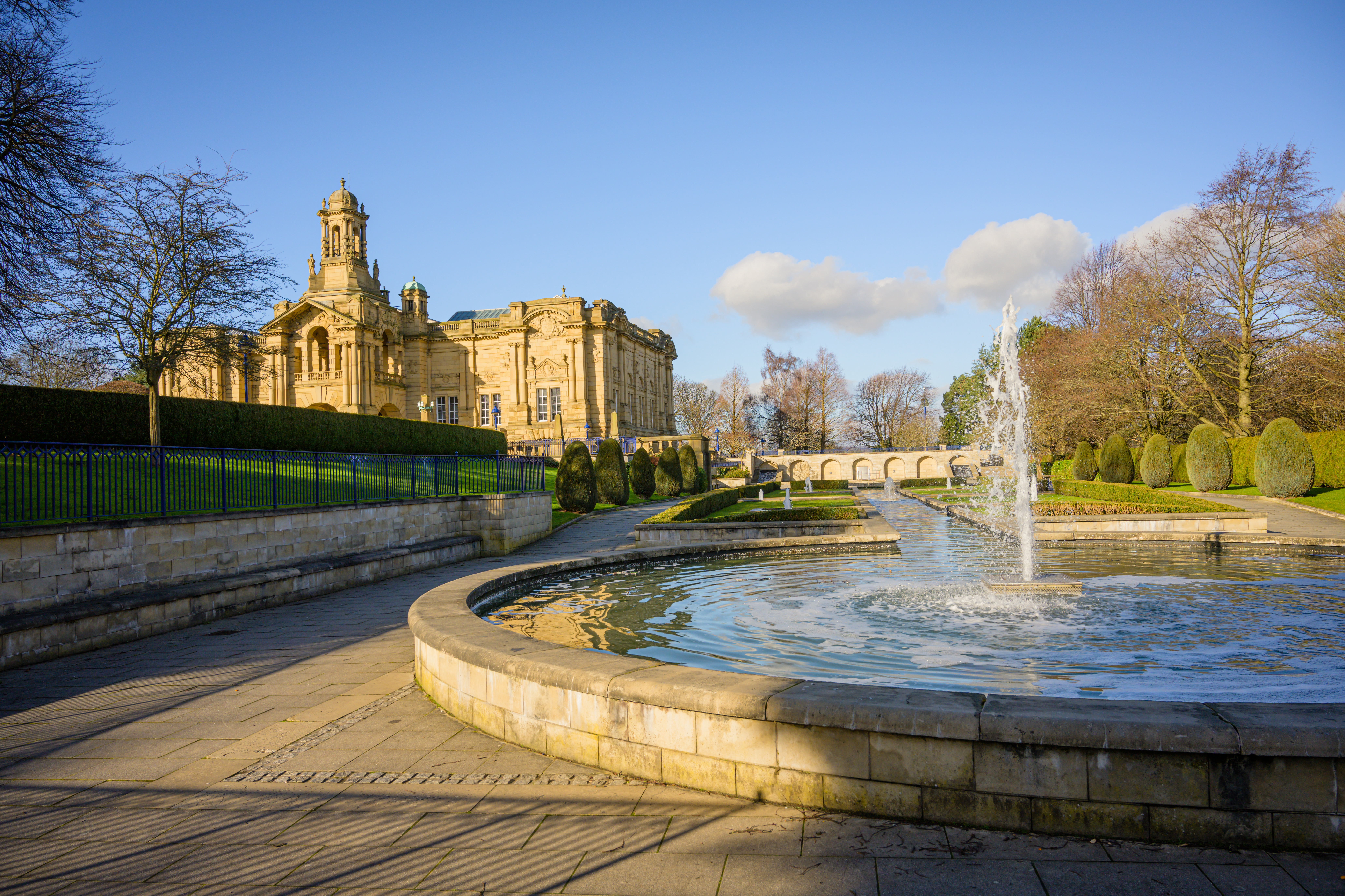 Mughal water gardens in Lister Park with Cartwright Hall in the background