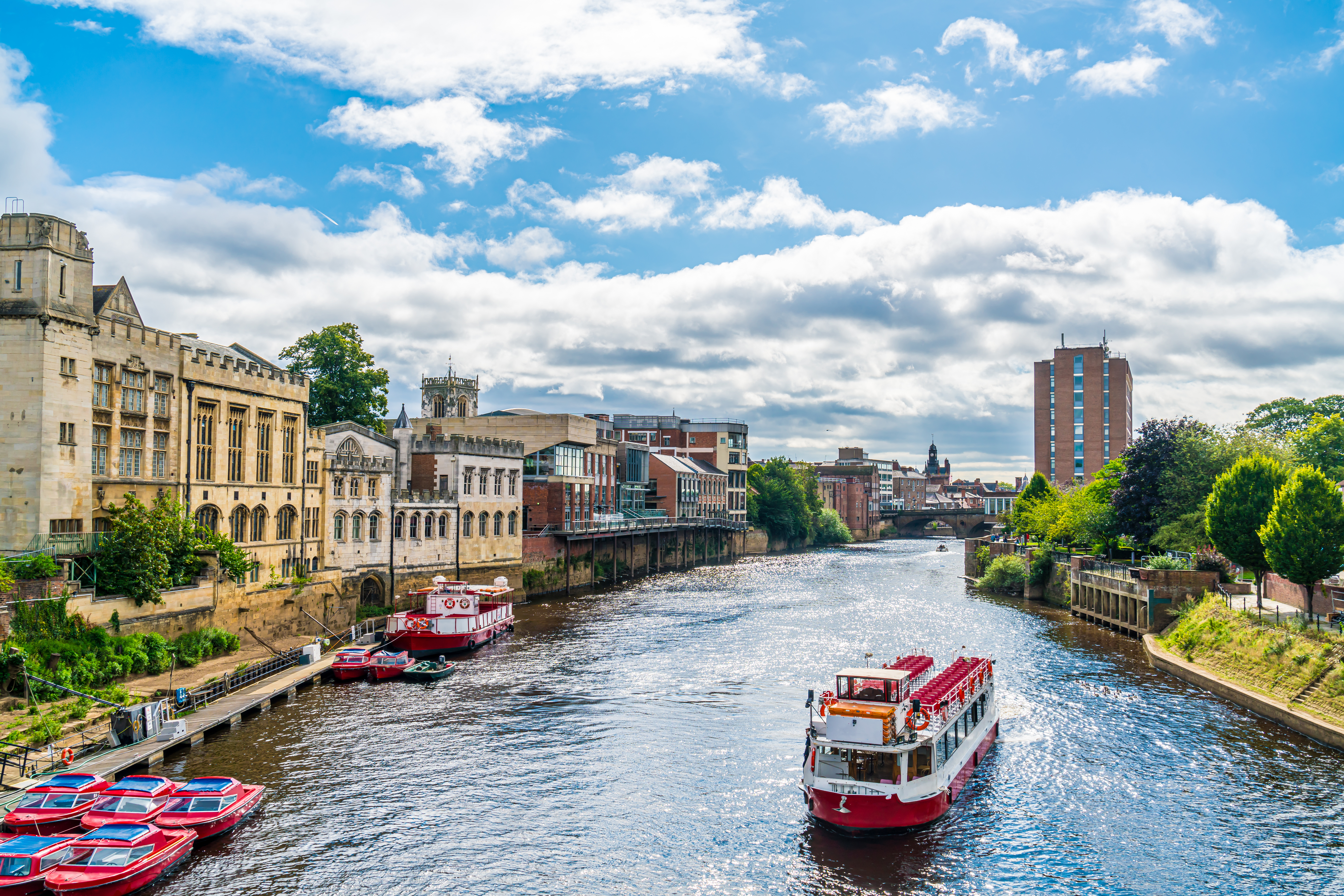 City Cruises boat on the river ouse in York, aerial view