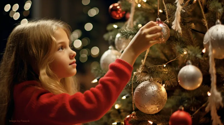 girl in a red jumper hanging a bauble on a Christmas tree.