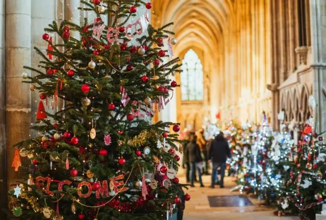 decorated christmas trees inside beverley minster