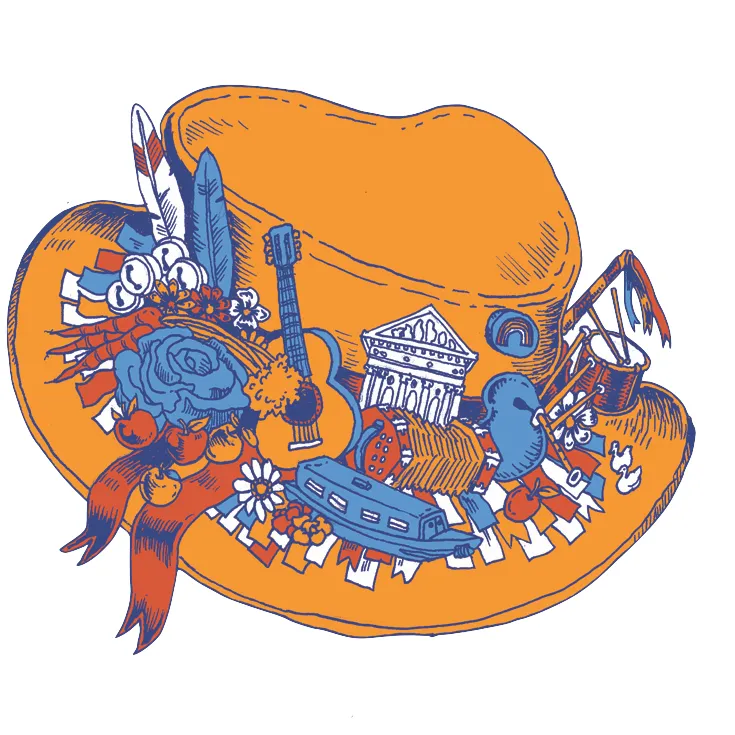 graphic of an orange hat with a band around made of musical instruments
