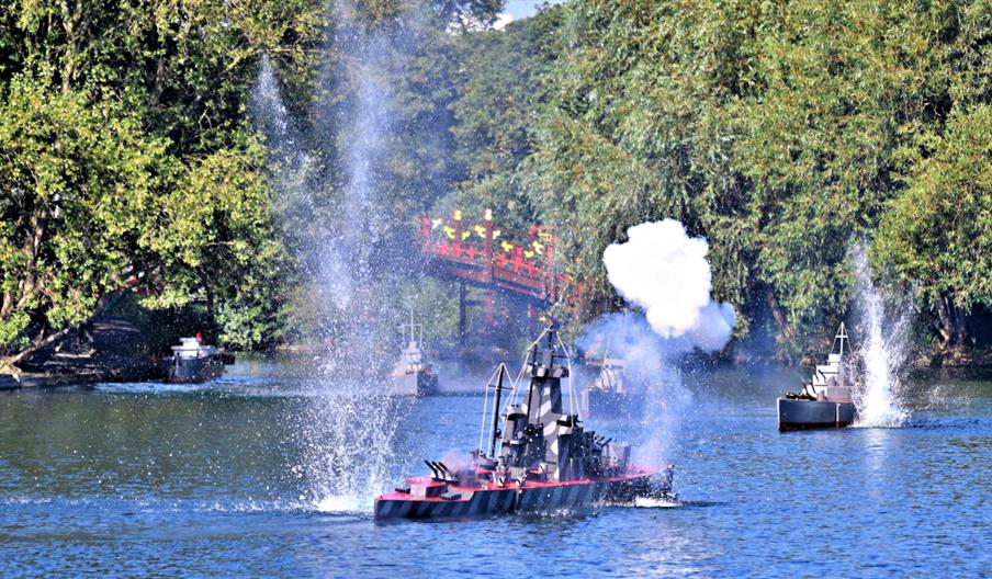 Naval boats on the lake at Peasholm Park.