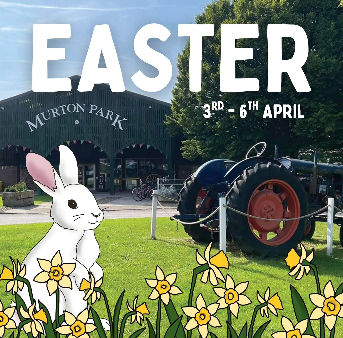 building and vintage tractor at murton park near York with a cartoon style rabbit and daisies in the foreground, Easter event in Yorkshire 2026