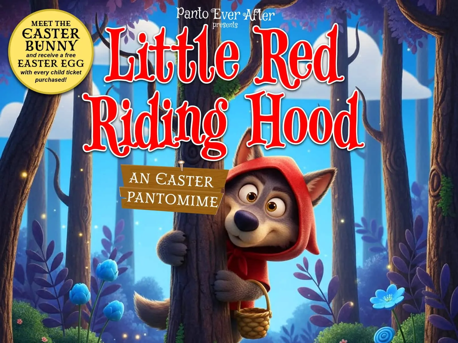 illustraion of the wolf from little red riding hood peering out from behind a tree wearing the red cloak for the National Coal mining museum Easter panto in April 2026