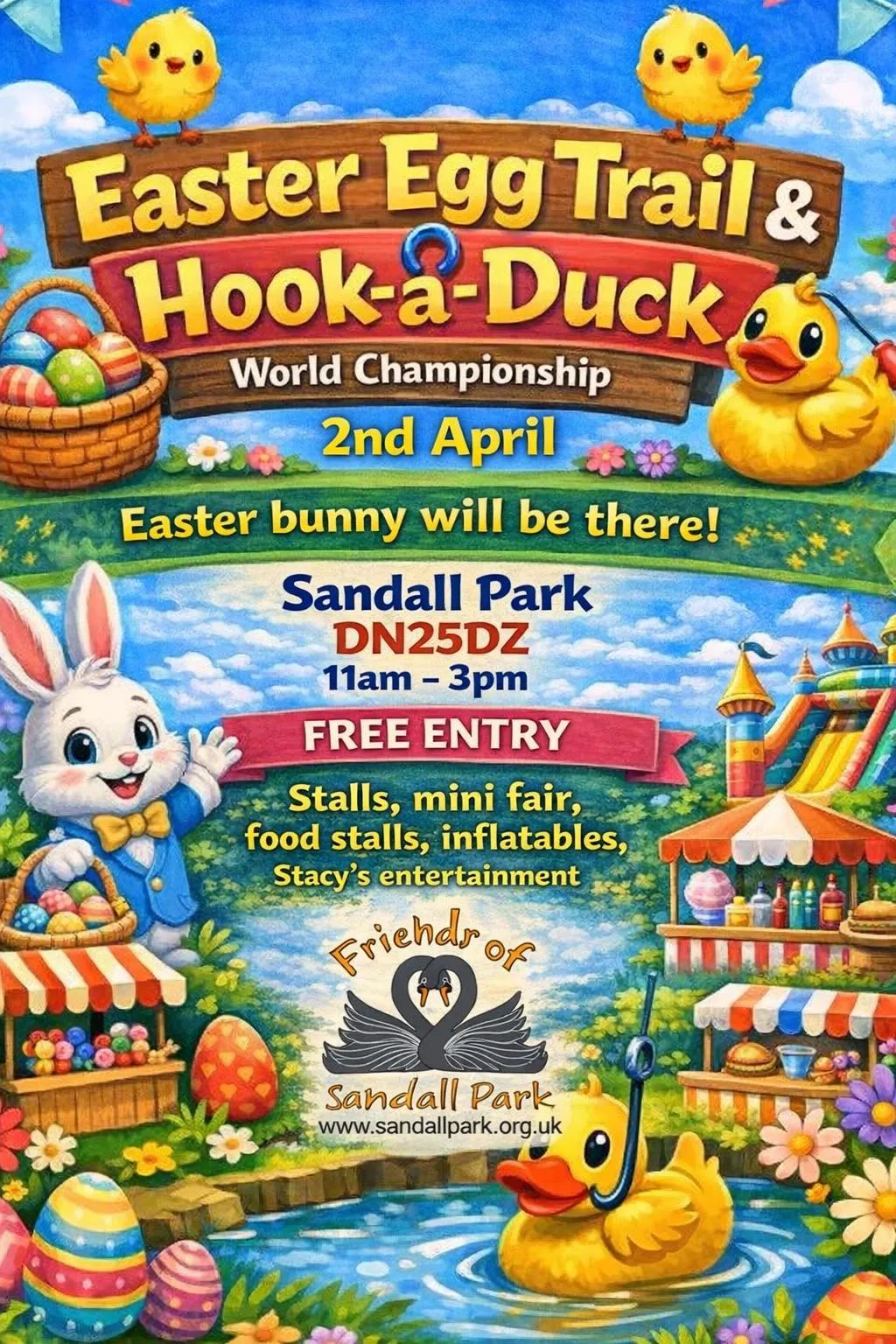 Brightly coloured poster for the Sandall Park Easter Egg Trail in April 2026
