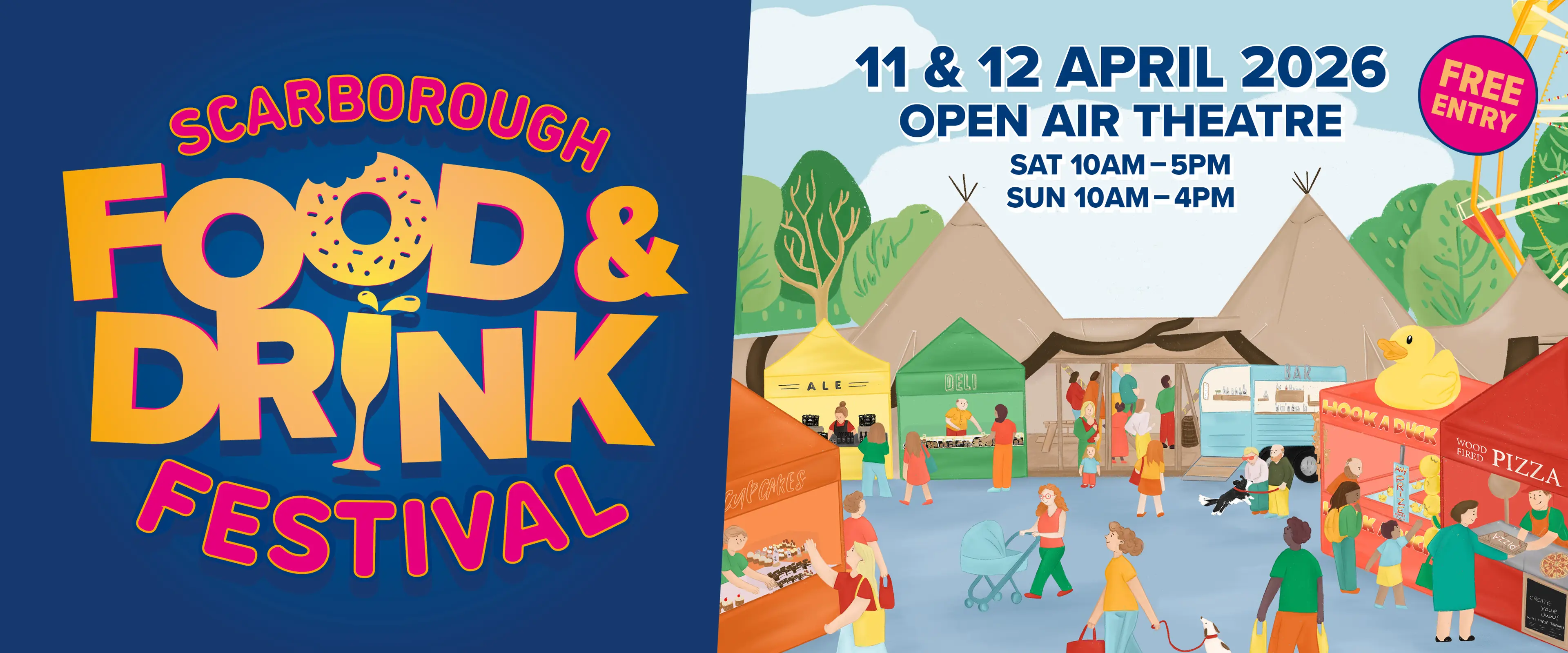 Scarborough Food and Drink Festival banner featuring a graphic of stalls of food and drink vendors at Scarborough Open Air Theatre
