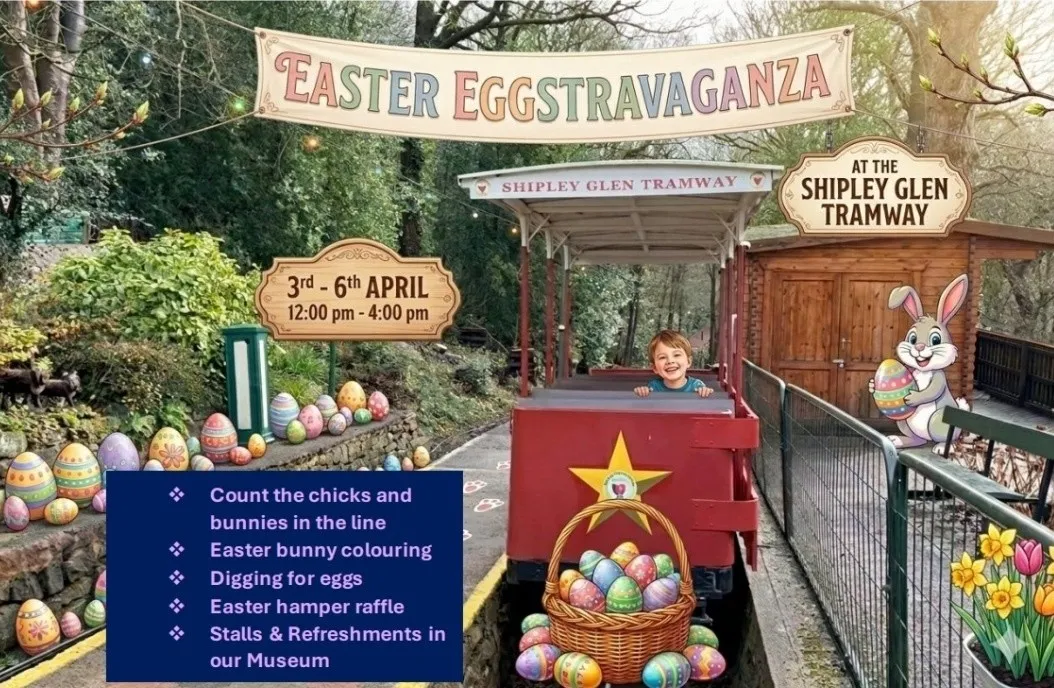 Shipley Glen Tramway with graphics of easter eggs and easter bunny added