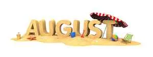 August in sand like letters with umberella and beach items nearby