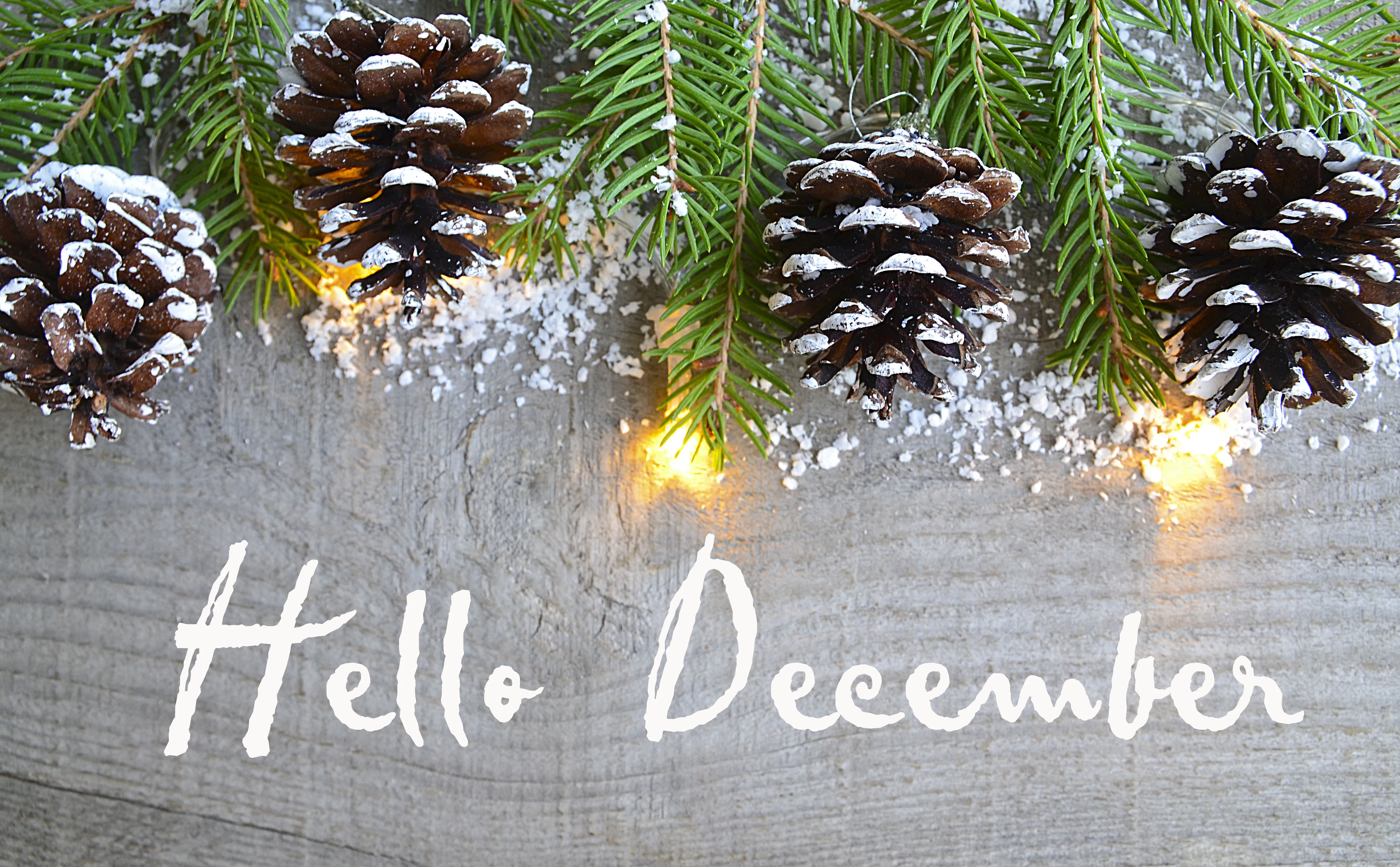 Hello December in white text on a light wood effect background with snow covered pine cones hanging above the text.