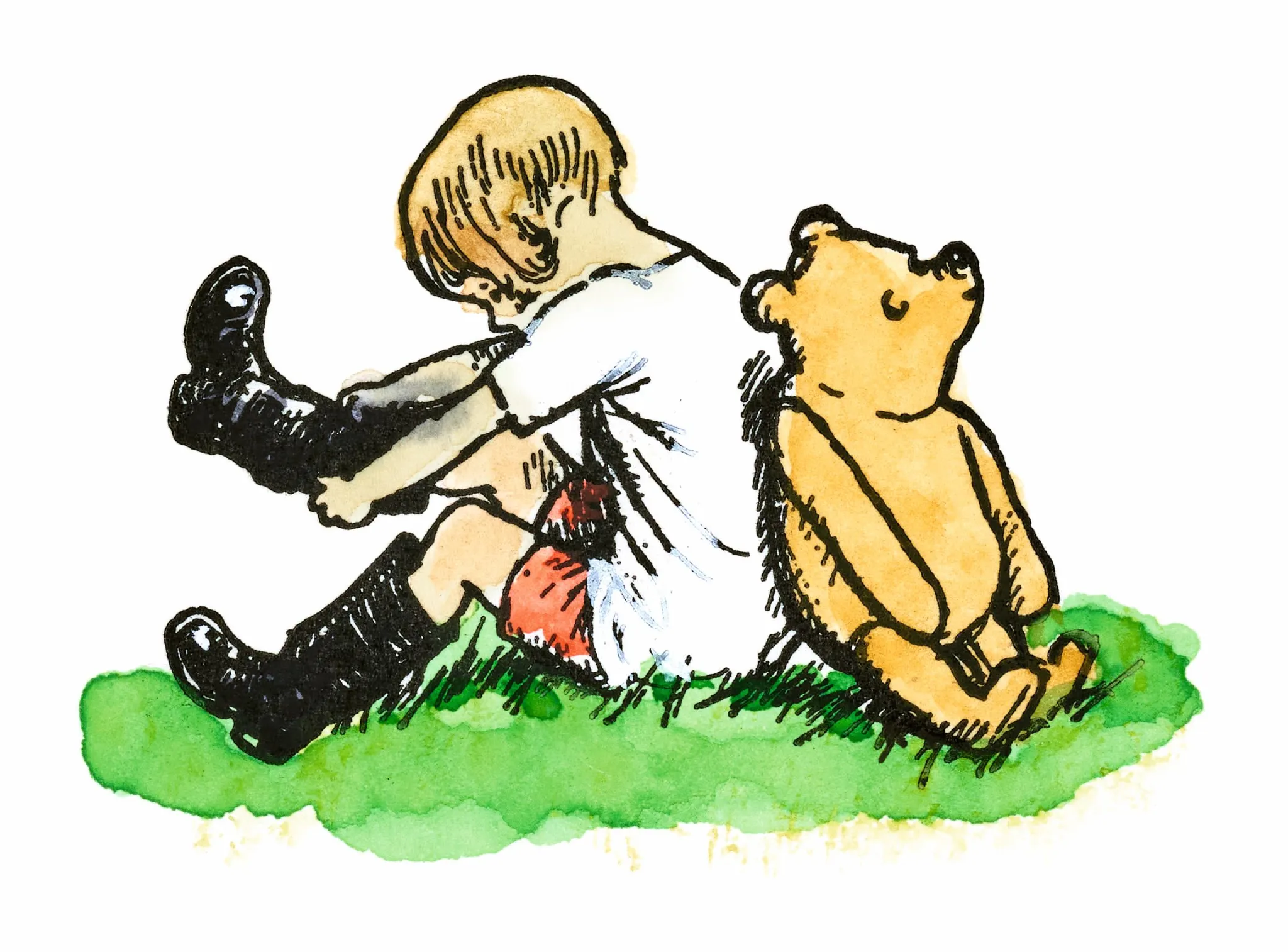 draing of Christopher Robin and Winnie the poo sitting back to back