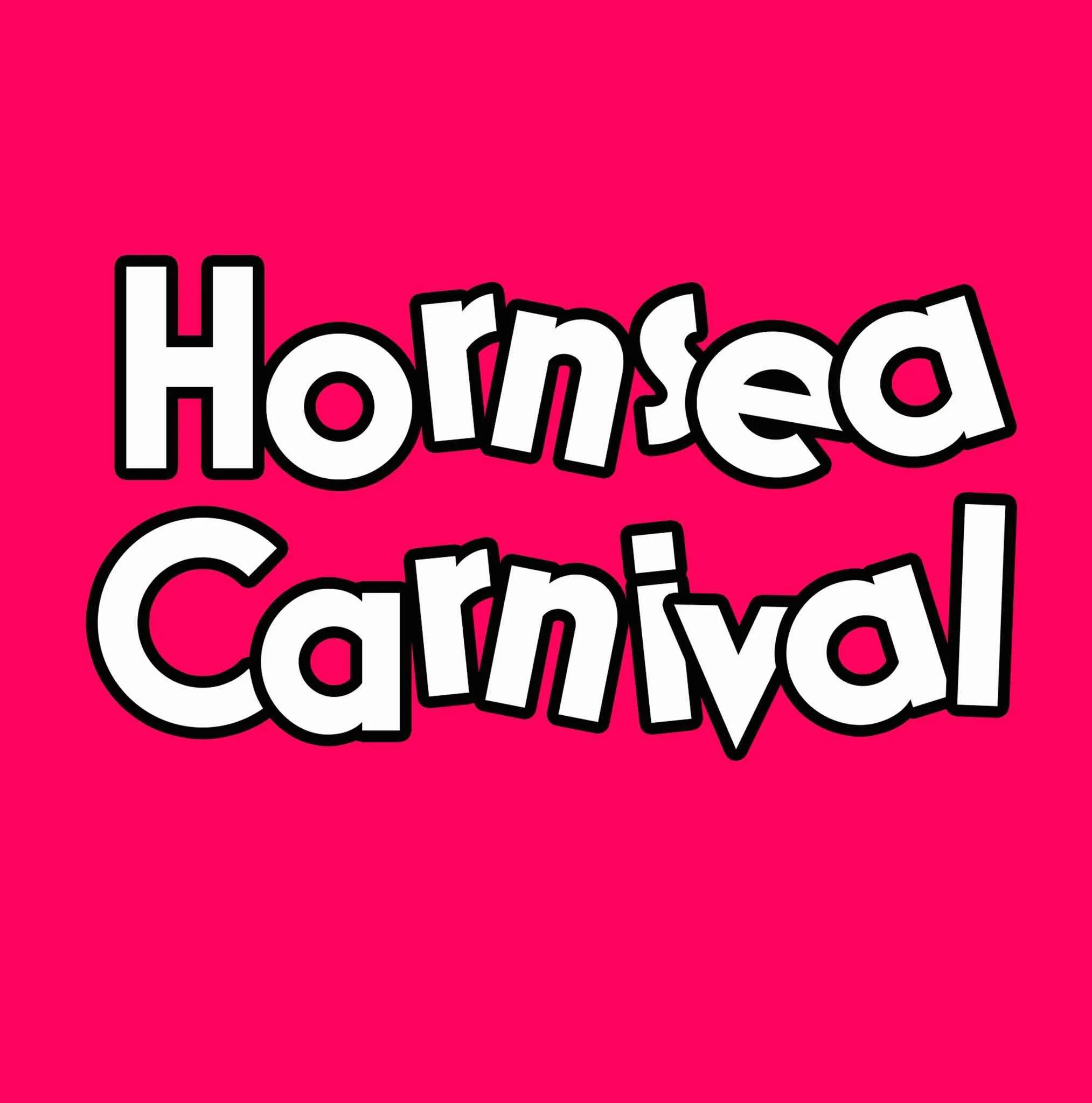 Hornsea Carnival logo white and black lettering on a red background