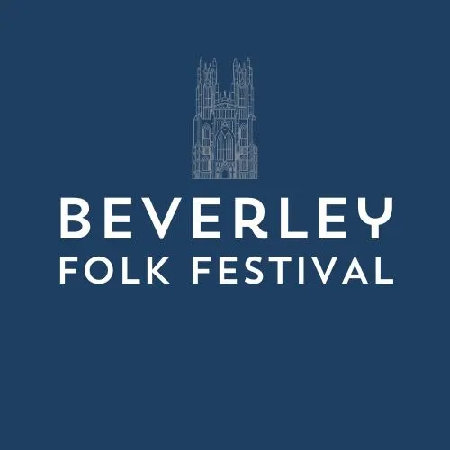 Beverley Folk Festival logo, text on a blue background, event in June 